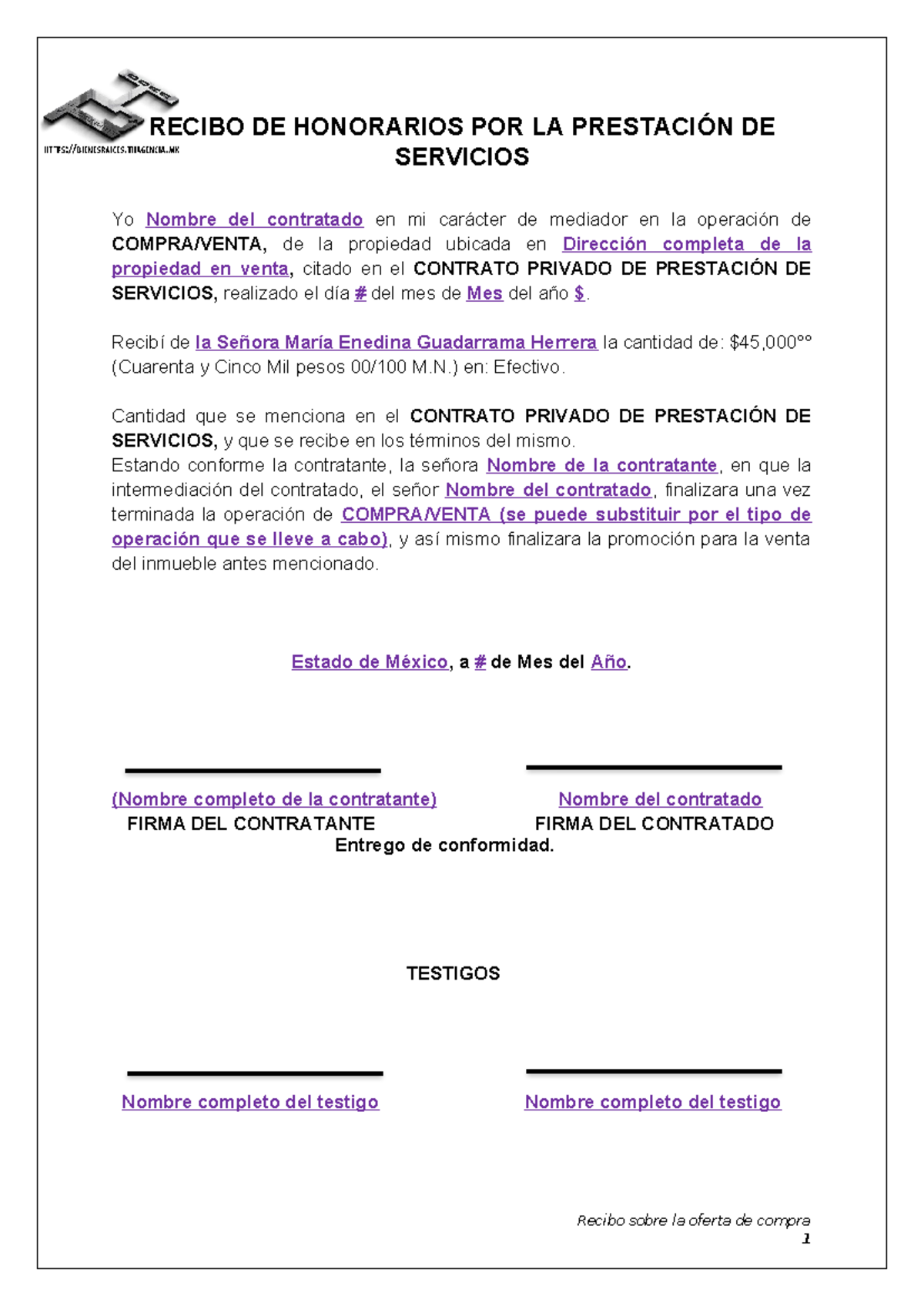 11 Recibo de honorarios por la prestación de servicios - RECIBO DE