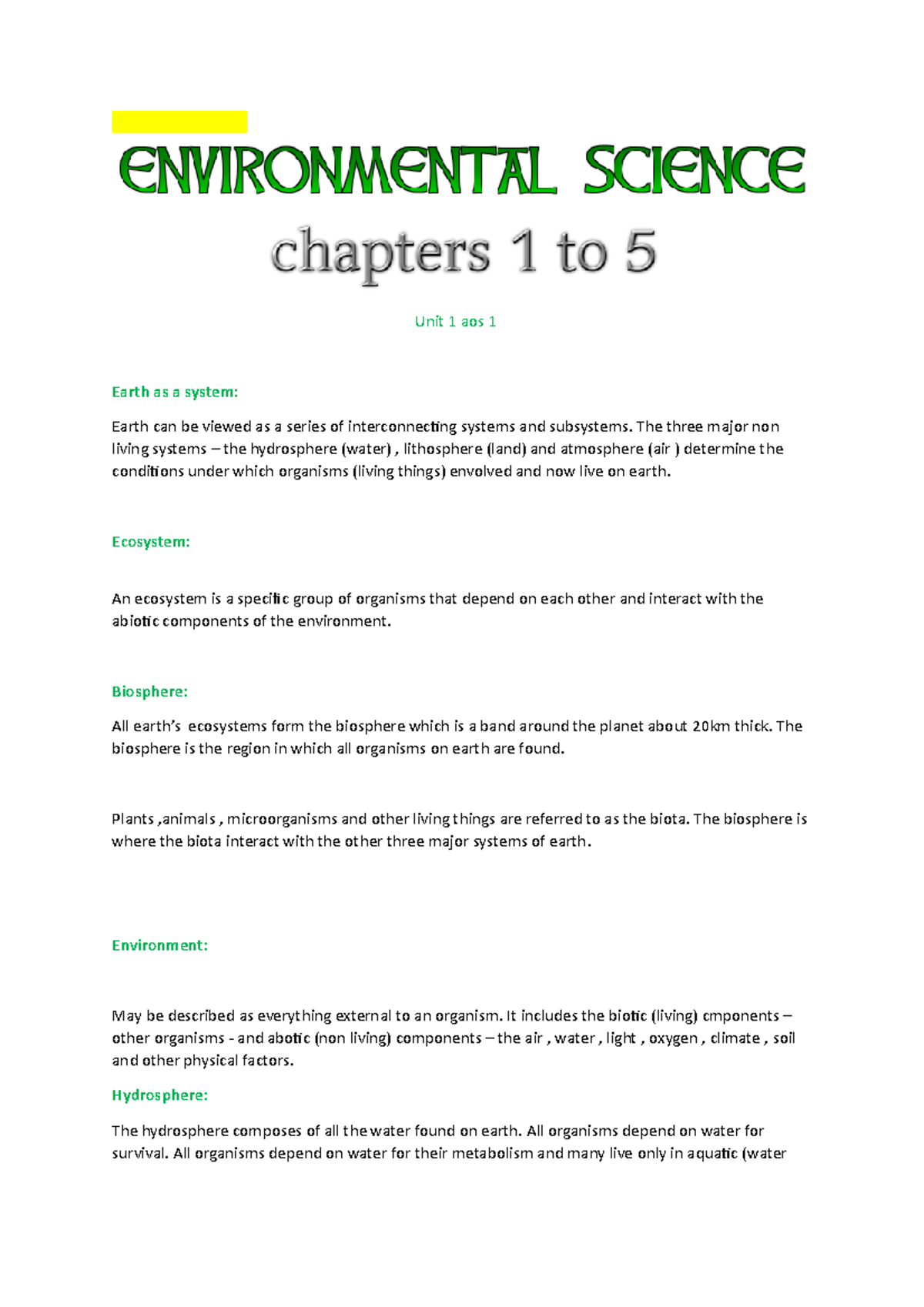 Environmental science brief revision summaries Unit 1 aos 1 Earth as