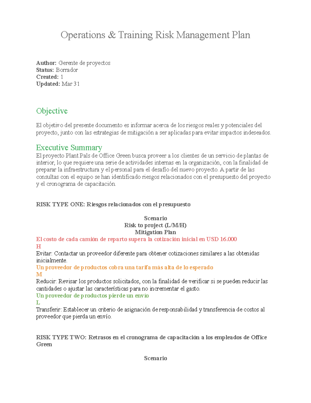 Actividad - Plan de gestión de riesgo - Operations & Training Risk ...