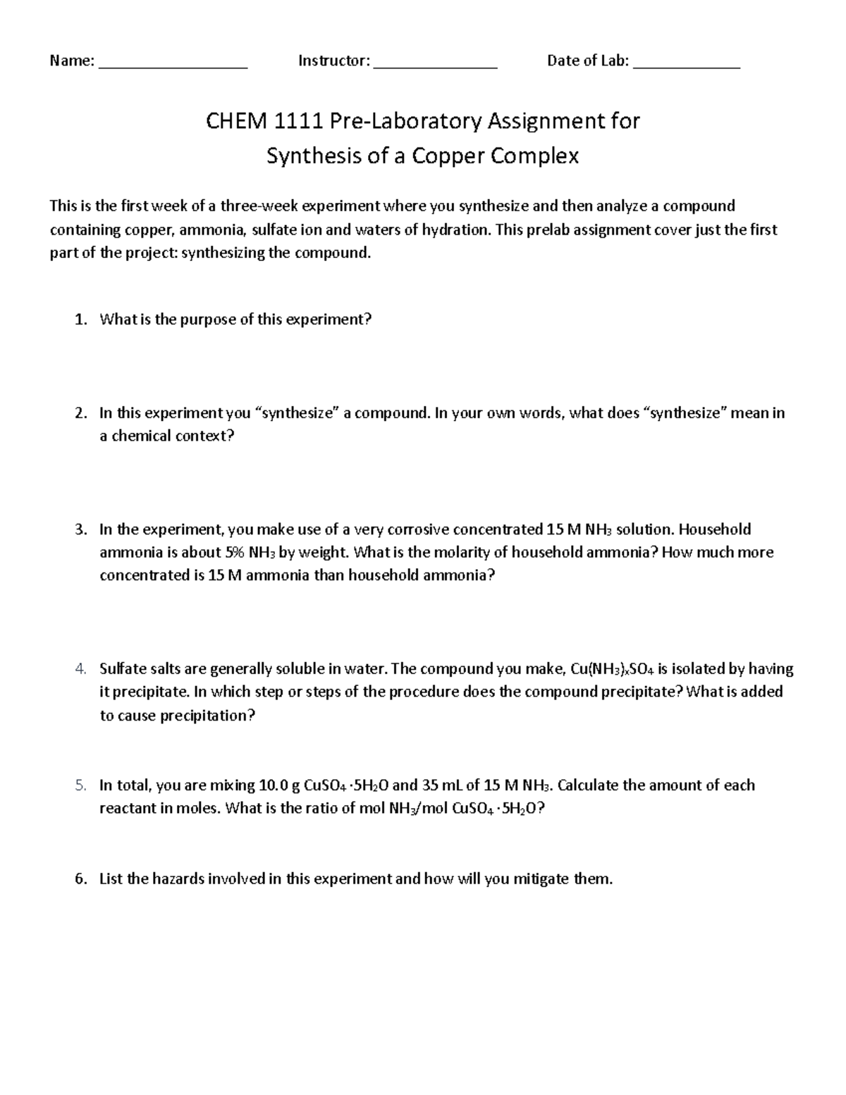 Prelab Synthesis Of A Copper Complex Name Instructor 1241