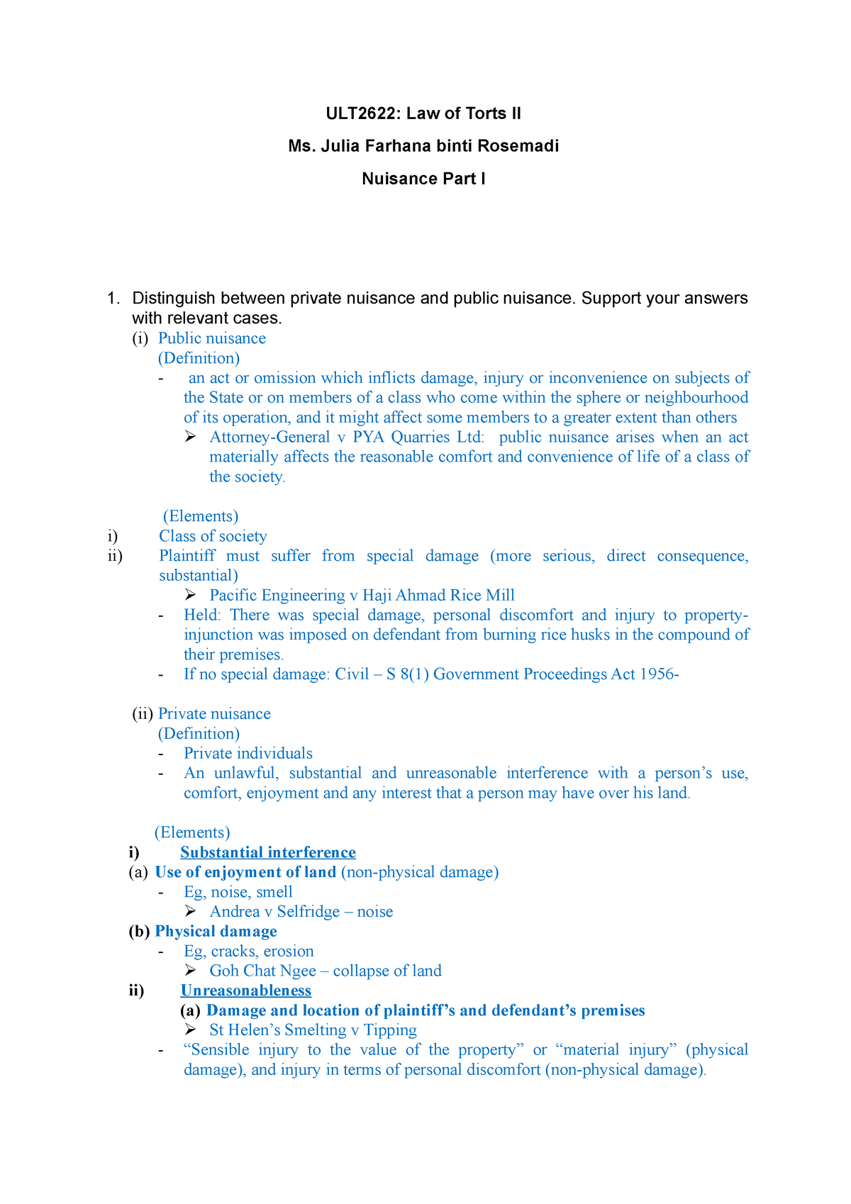 Nuisance Part I Law Of Torts Ii Mmu Studocu