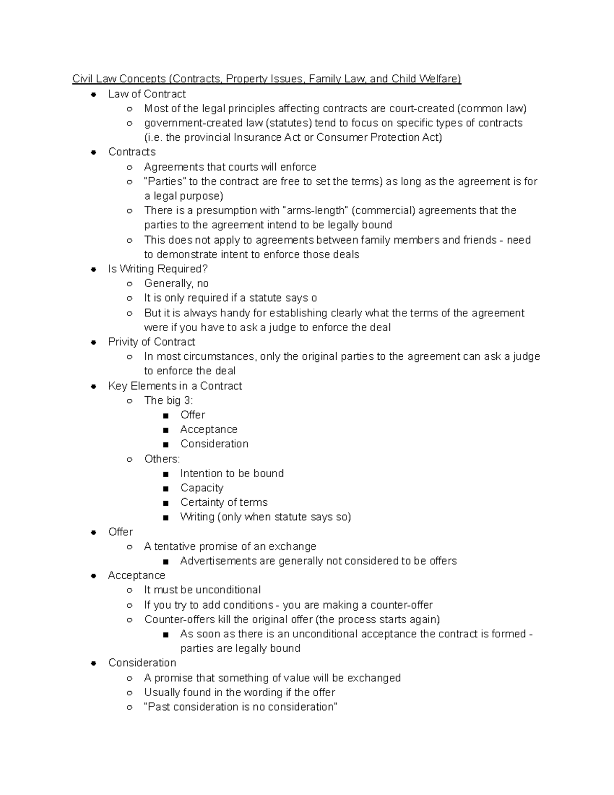 Lecture 6 Oct 15 Introduction To Canadian Justice Civil Law Concepts Contracts Property