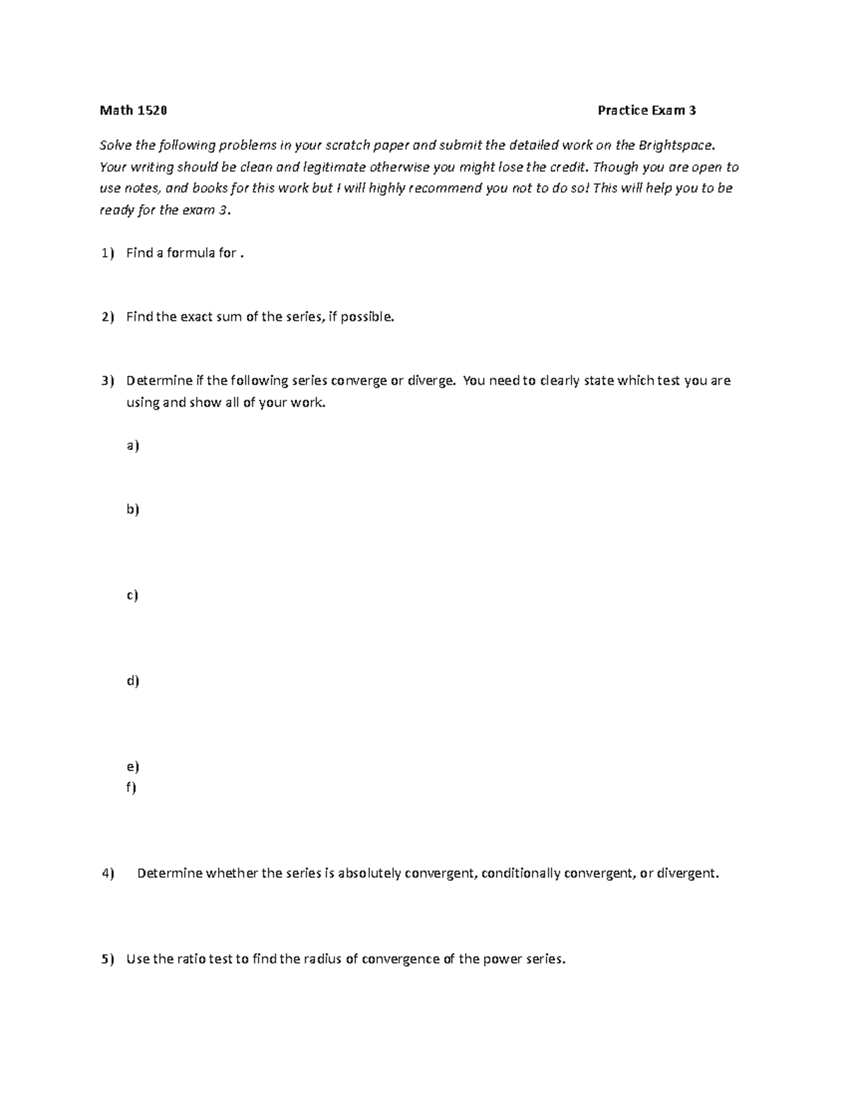 Review Worksheet - Math 1520 Practice Exam 3 Solve the following ...