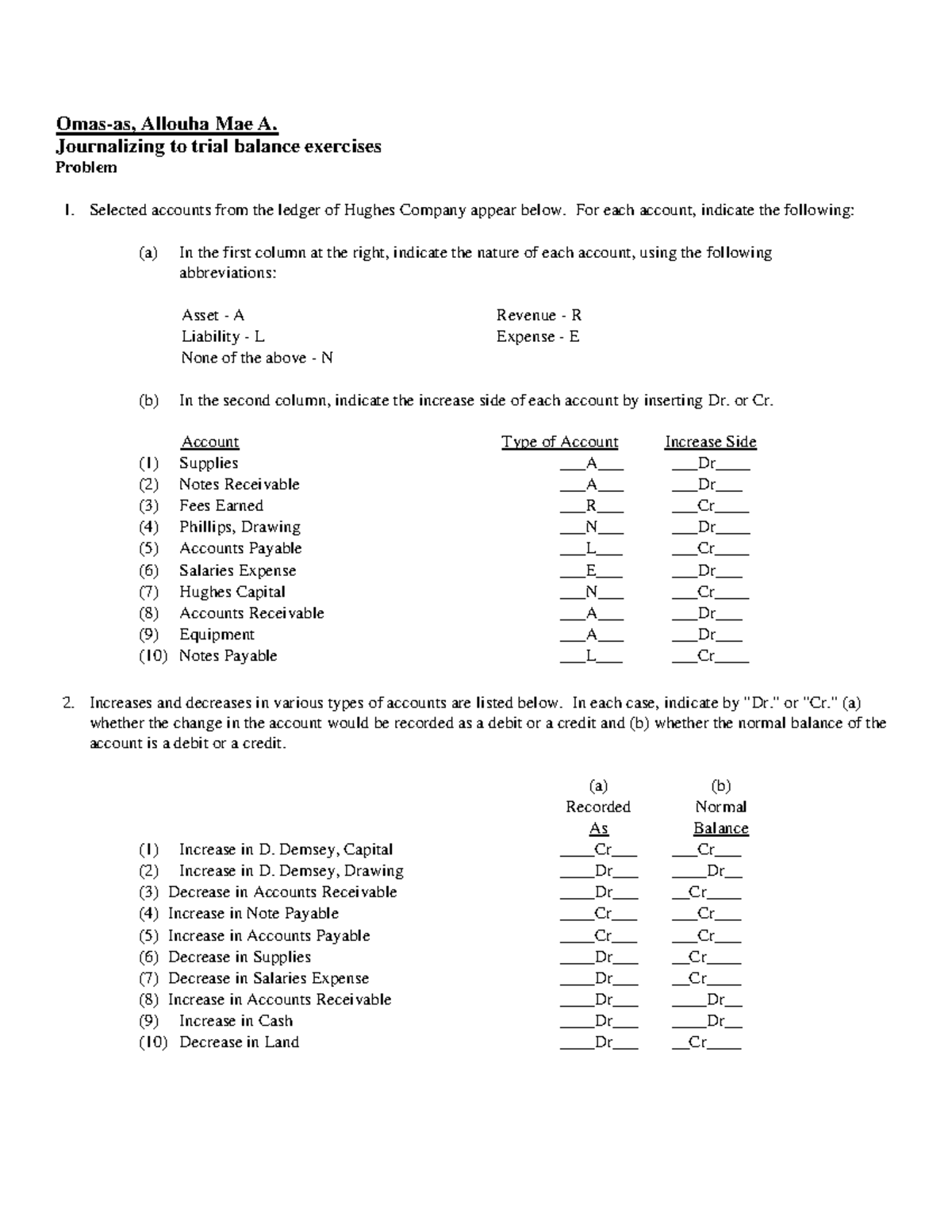Journalizing Posting Trial Balance Exercises - Omas-as, Allouha Mae A ...