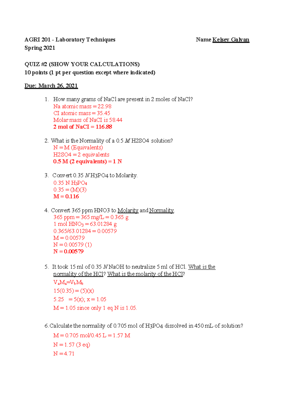 Agri 201 quiz 2 2021 - Calculations consisting of normality, molarity ...