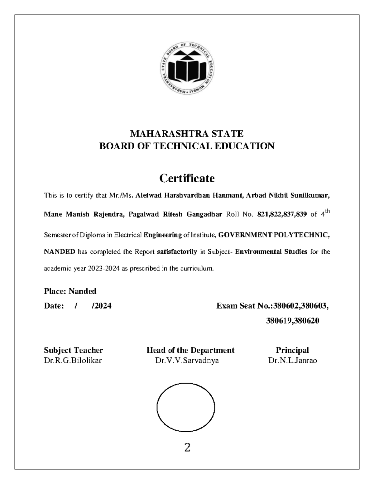 EST report - MAHARASHTRA STATE BOARD OF TECHNICAL EDUCATION Certificate ...