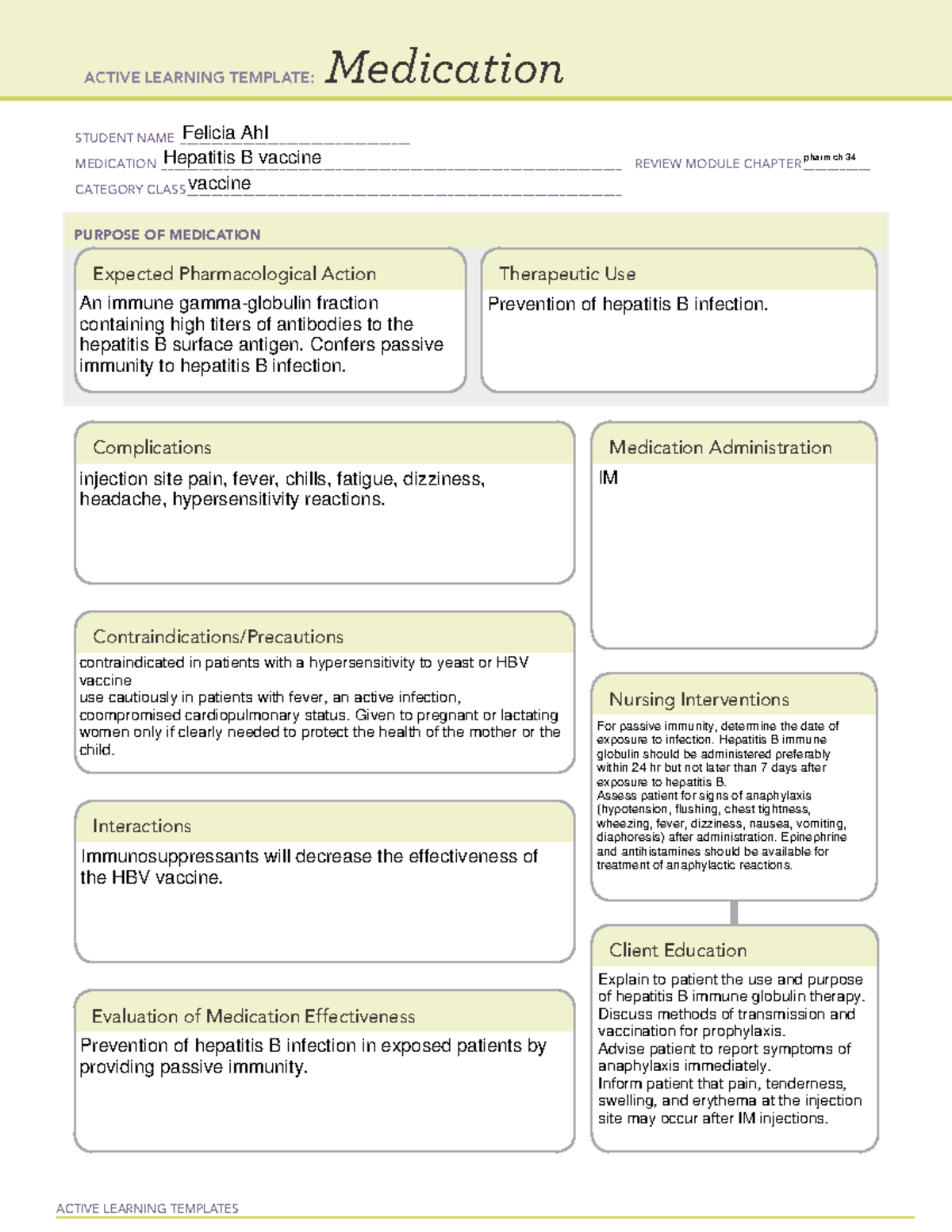 Hepatitis B Vaccine Drug Cards ACTIVE LEARNING TEMPLATES Medication 