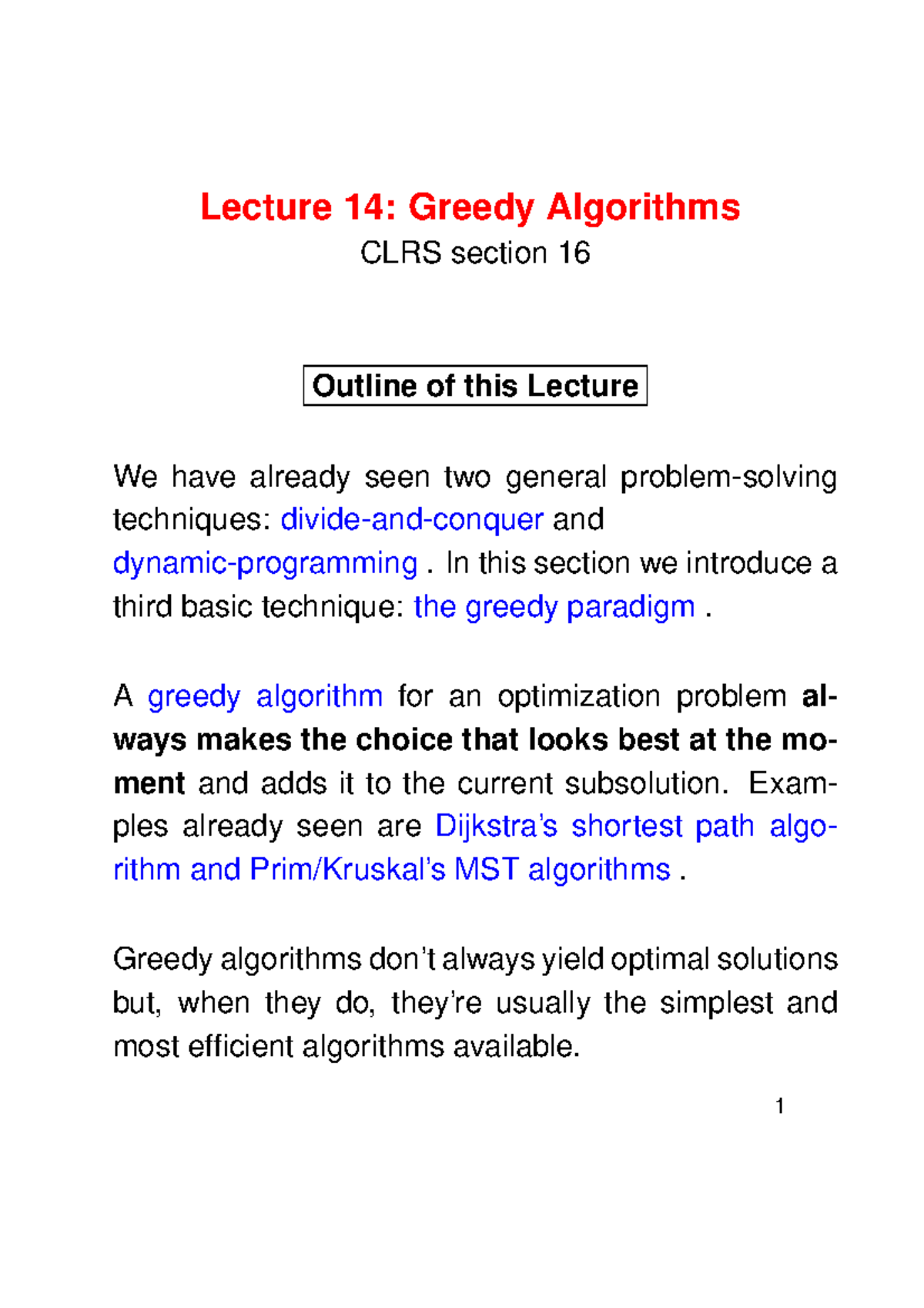 Knapsack Solution - Lecture 14: Greedy Algorithms CLRS Section 16 ...