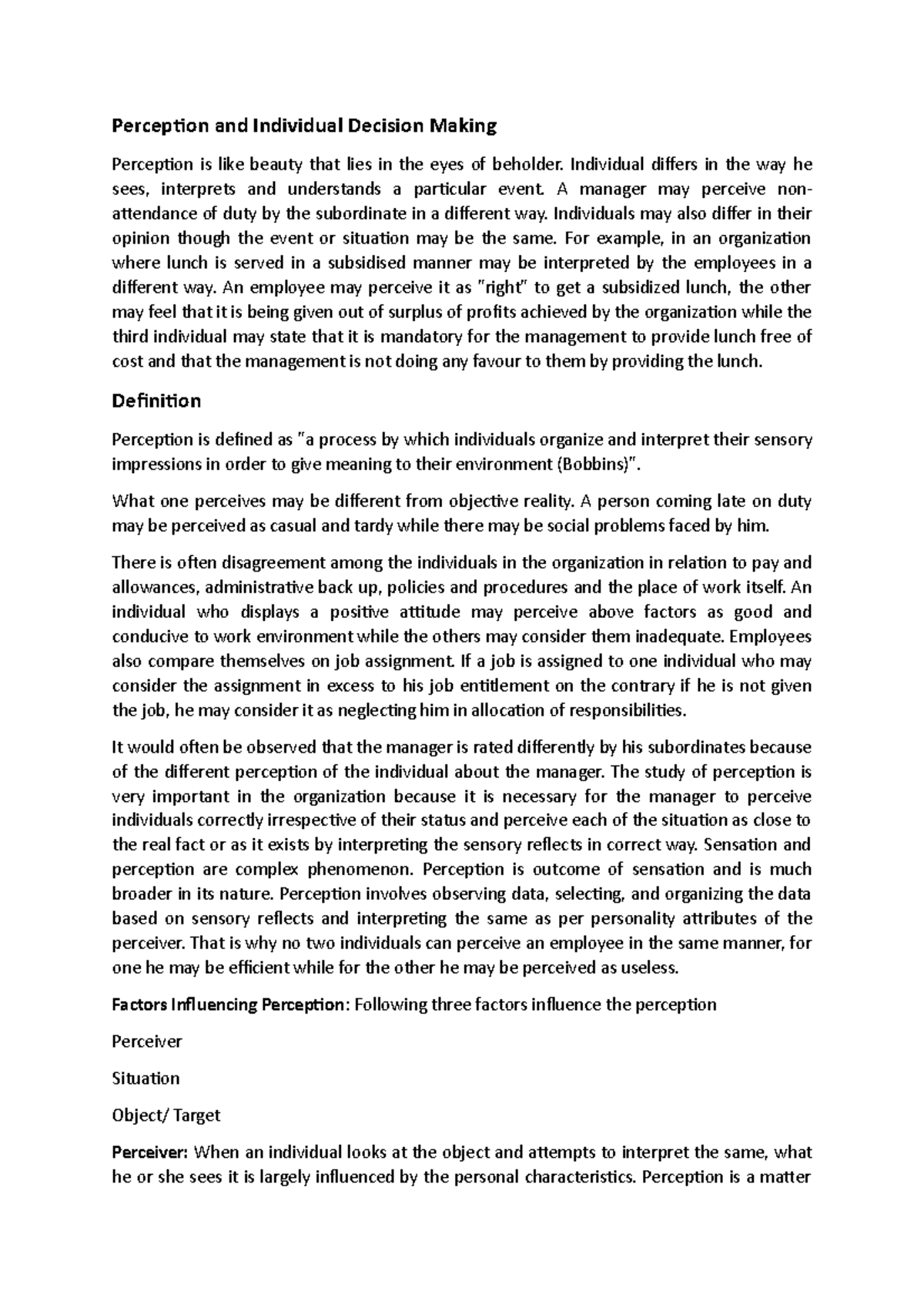 Perception and Individual Decision Making - Perception and Individual ...