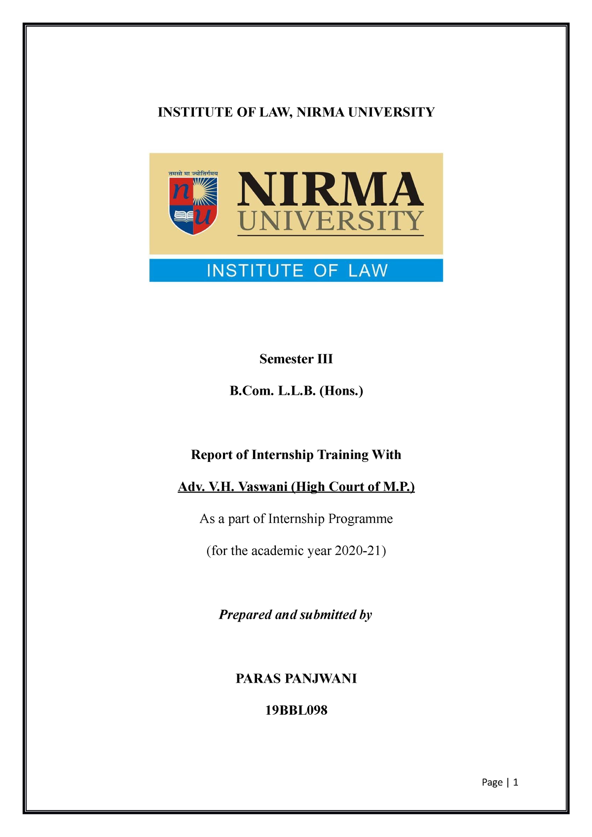 19BBL098 Internship Report Sem 3 - INSTITUTE OF LAW, NIRMA UNIVERSITY ...