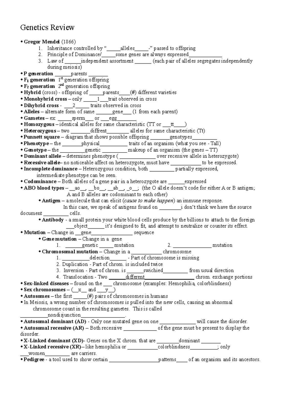 Study Guide Genetics - Genetics Review Gregor Mendel (1866) 1 ...