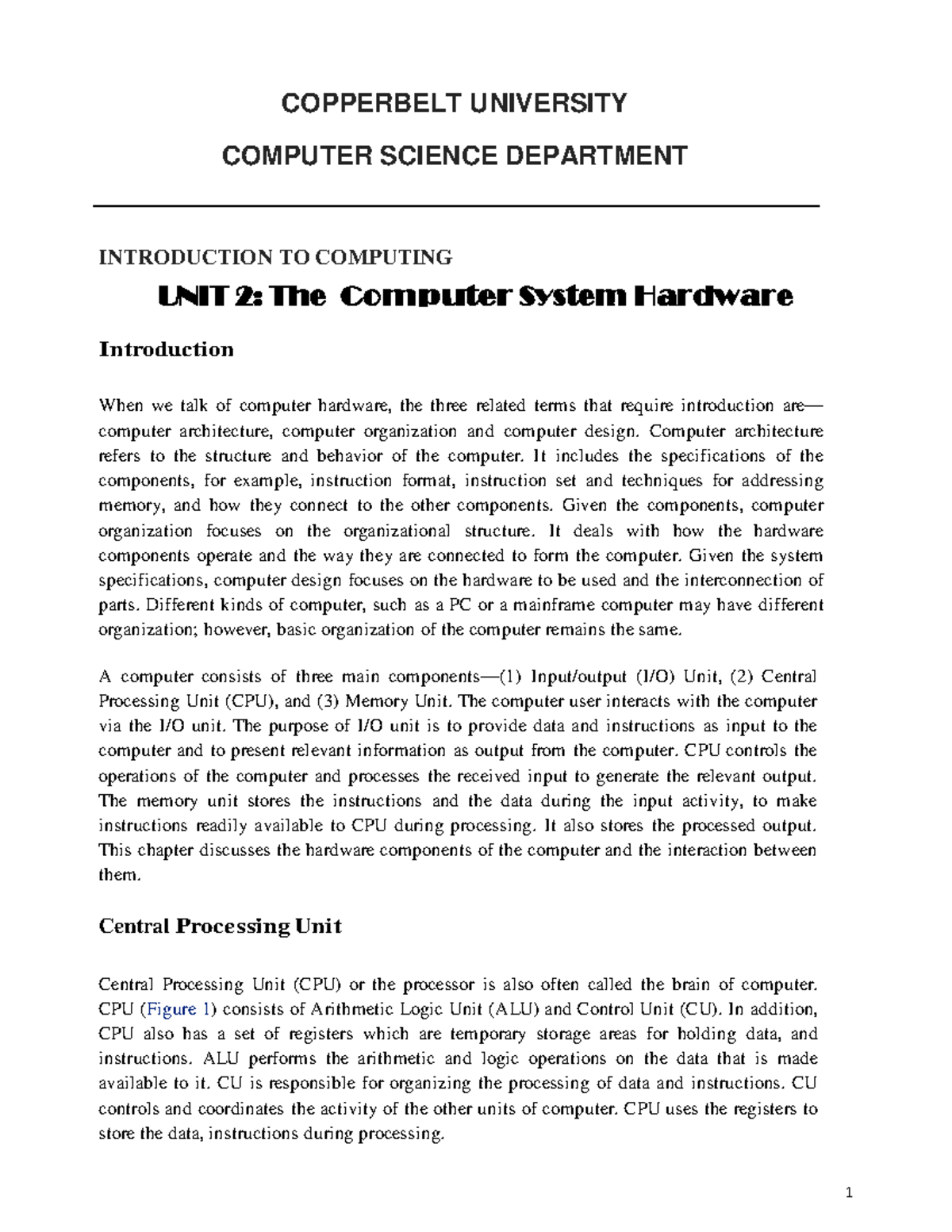 UNIT 2 Computer System Hardware COPPERBELT UNIVERSITY COMPUTER