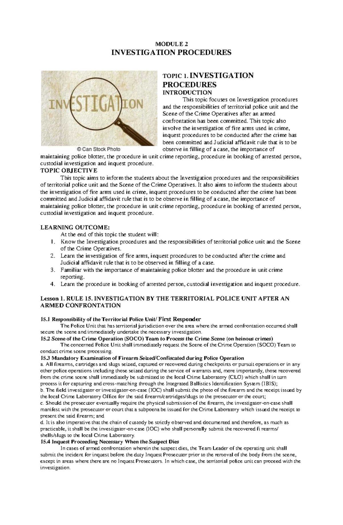 Topic 1 - STUDY WELL - MODULE 2 INVESTIGATION PROCEDURES TOPIC 1 ...