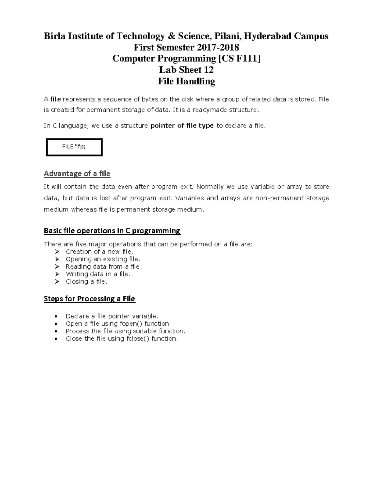 CP Lab sheet 12 Birla Institute of Technology & Science, Pilani