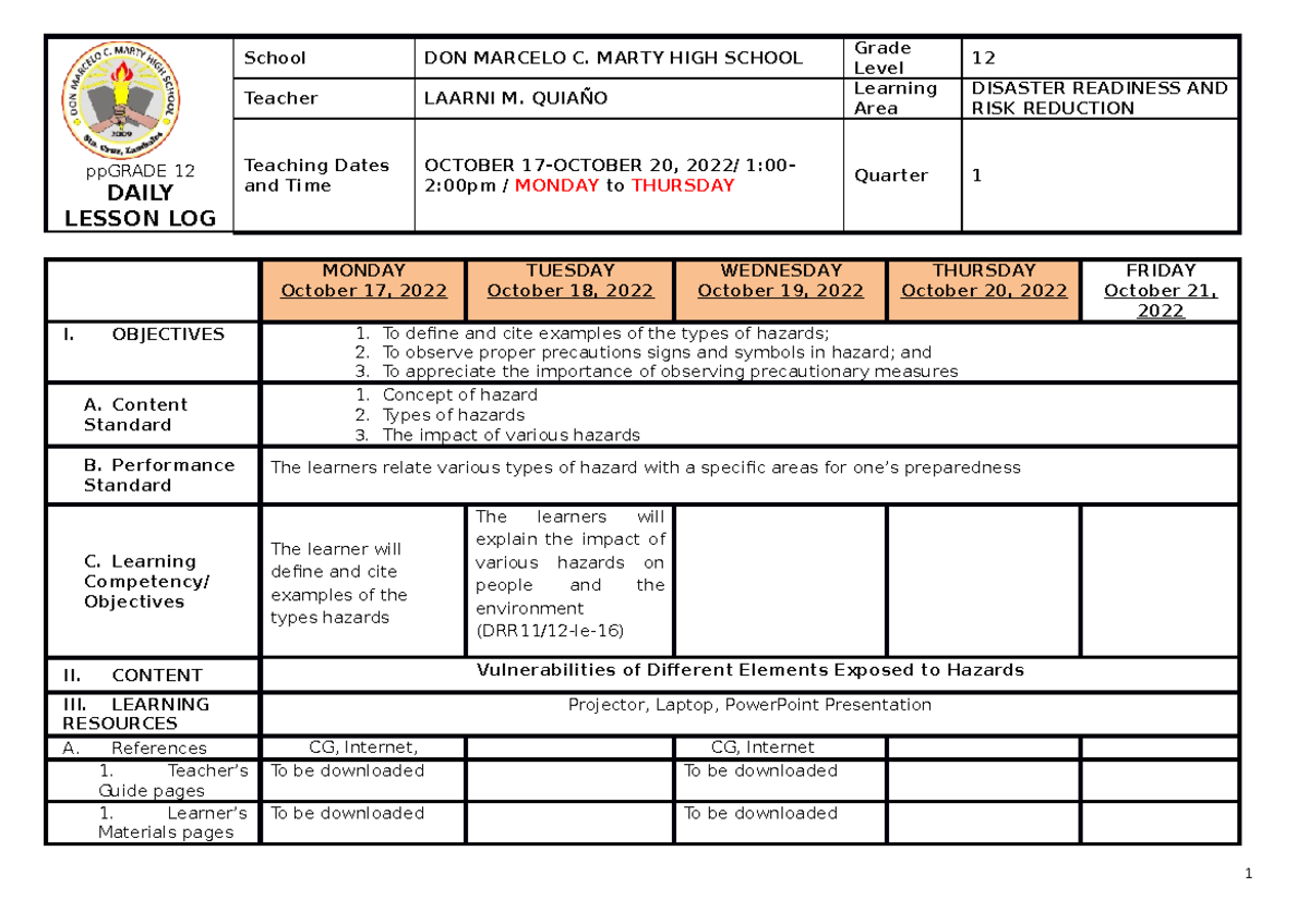 DLL DRRR (01) - daily lesson log for senior high school - ppGRADE 12 ...