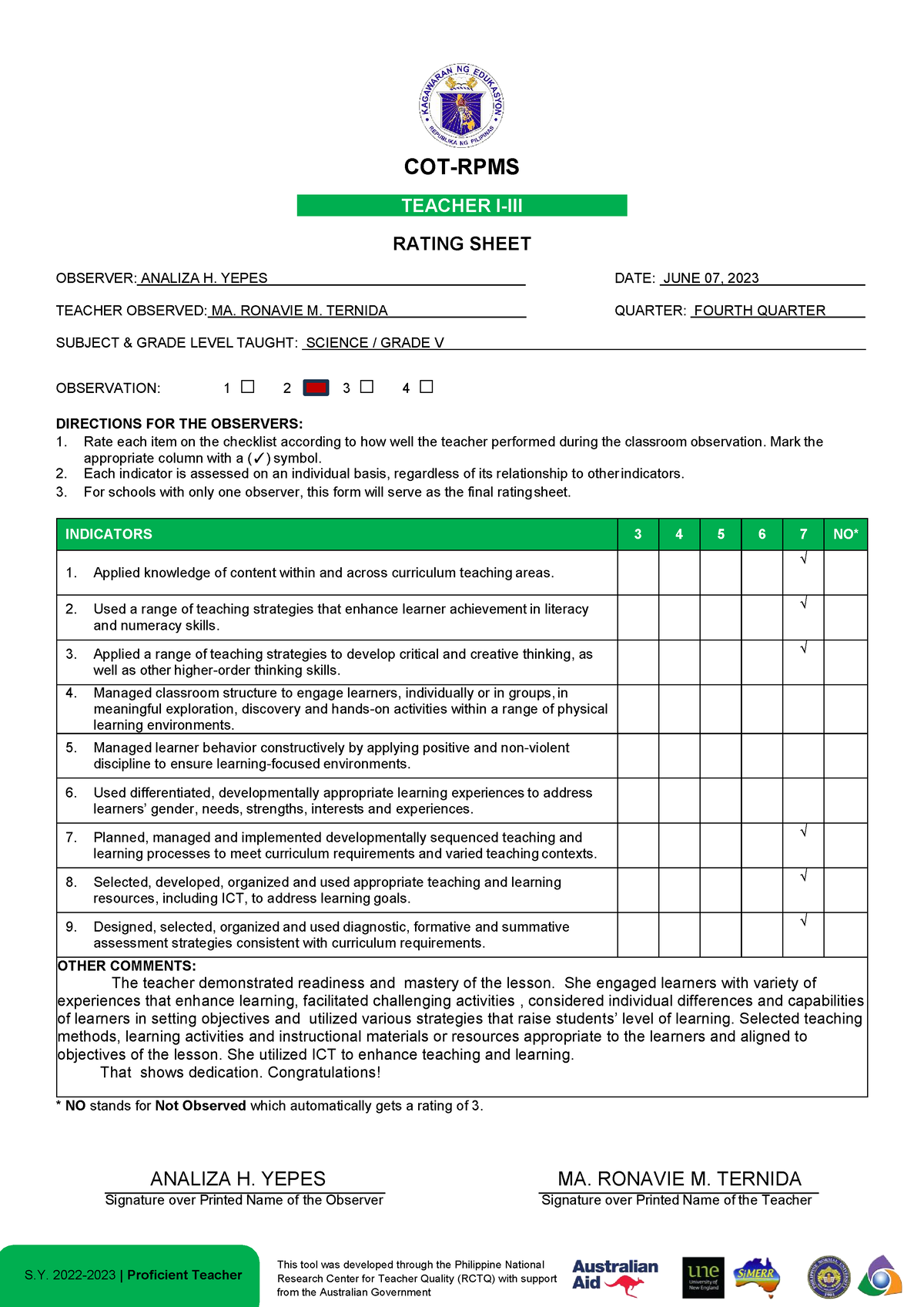 sample class observation - COT-RPMS TEACHER I-III RATING SHEET OBSERVER ...