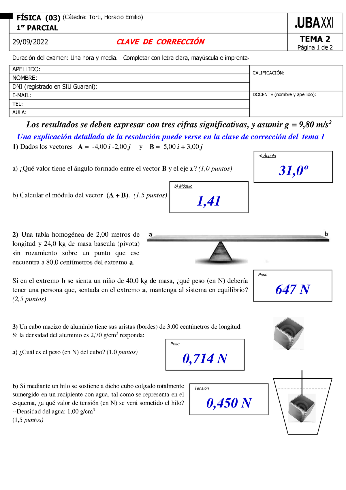 Física - Clave DE Corrección Primer Parcial 2022-2 TEMA 2 - FÍSICA (03 ...