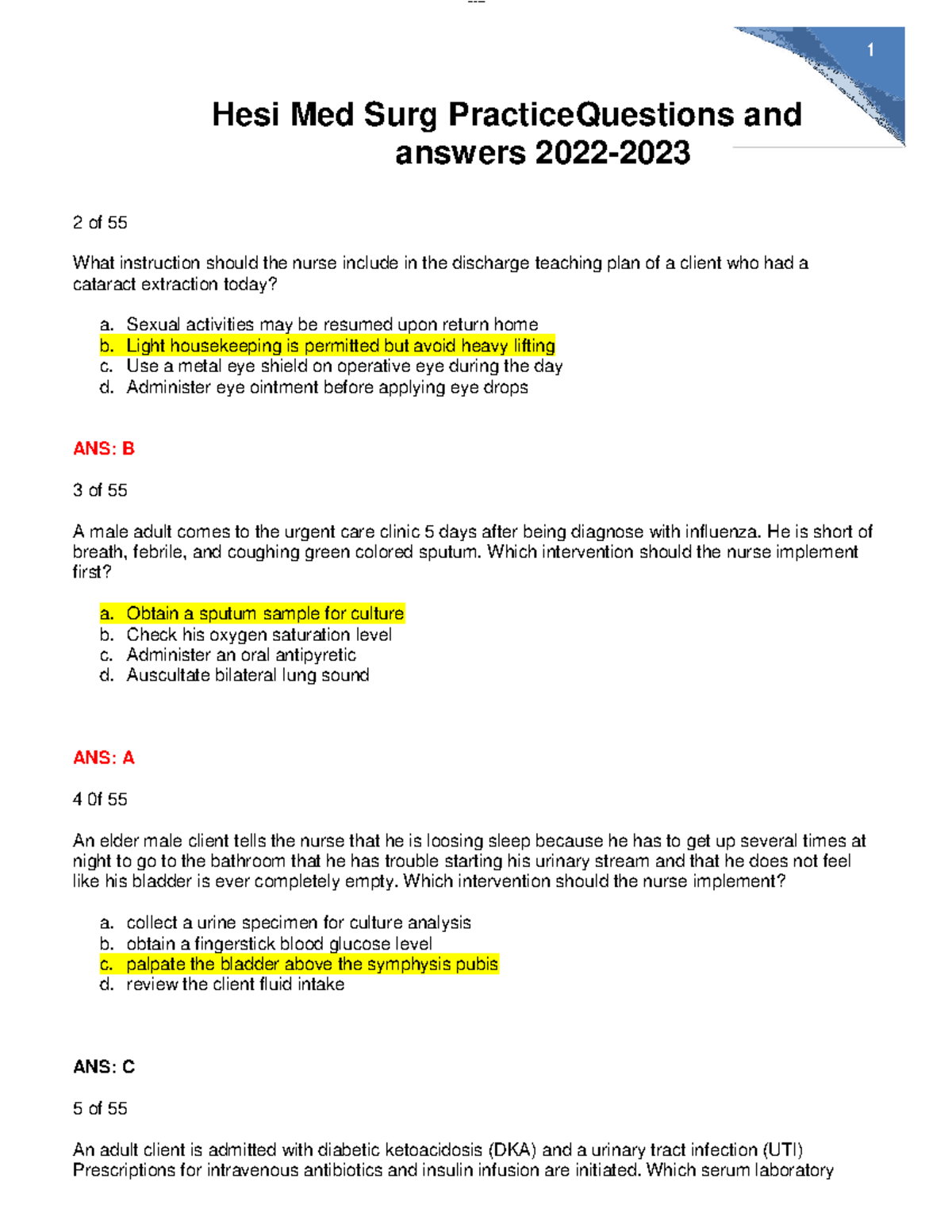 Hesi Med Surg Practice Questions and answers 20222023 1 Hesi Med