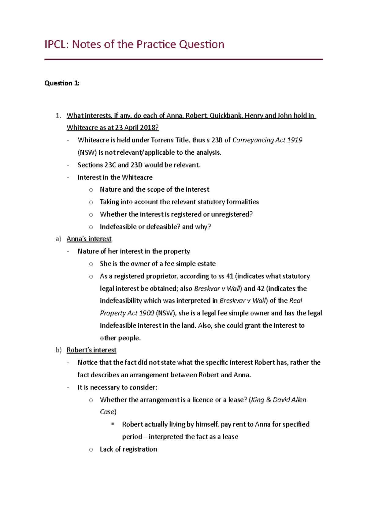 Exam 2018, answers - IPCL: Notes of the Practice Question Question 1: 1 ...