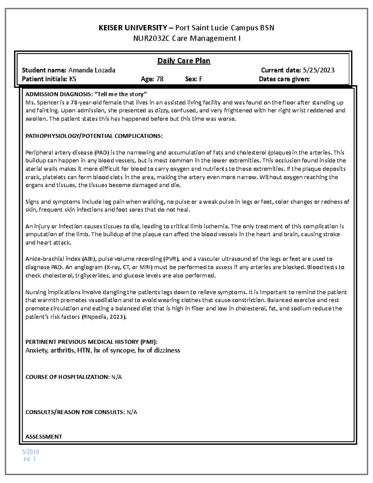 Daily Care Plan #2 - NCP - NUR2032C Care Management I Daily Care Plan ...