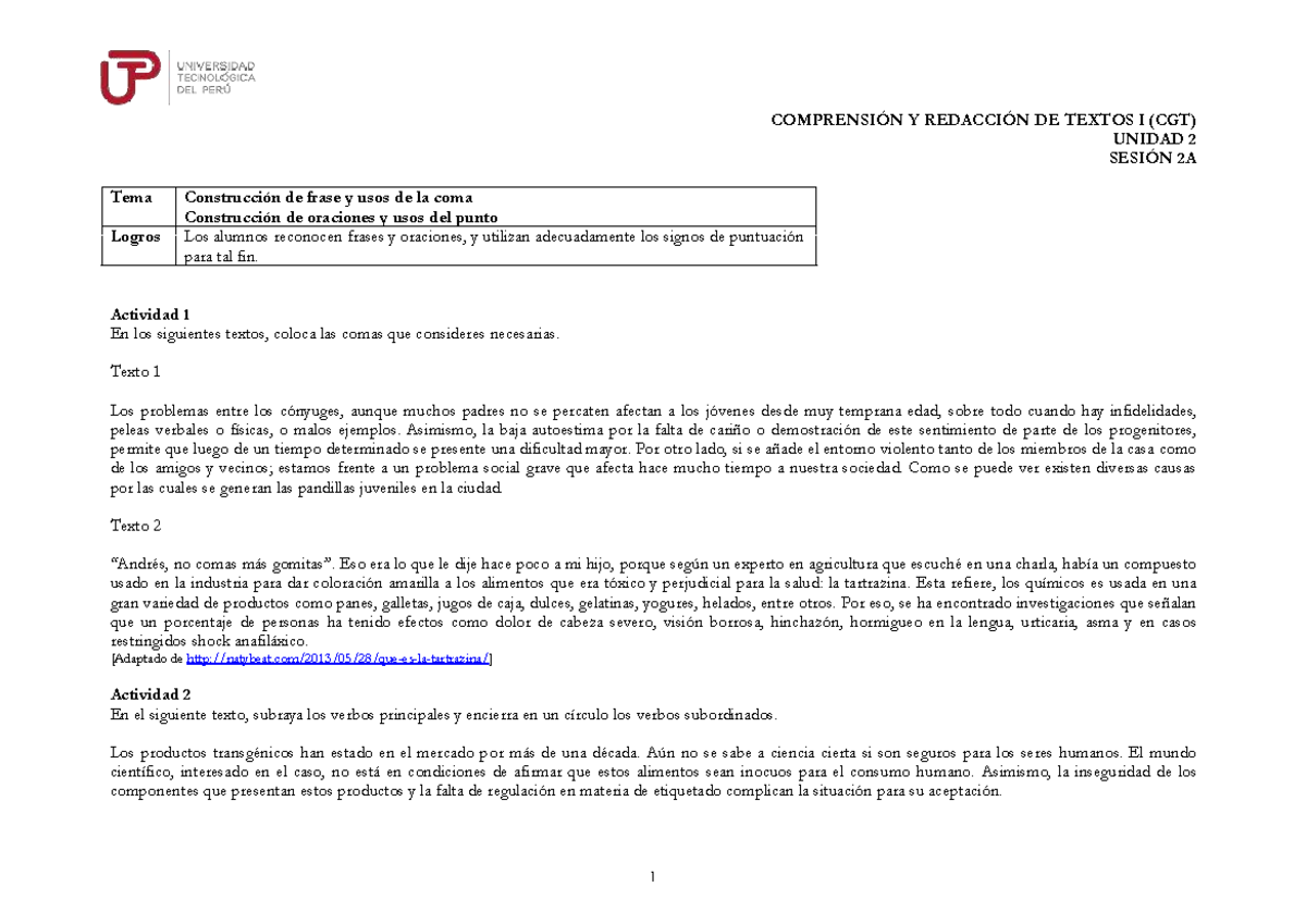 U1 S2 Oración, Coma Y Estrategia Enumerativa - 1 COMPRENSI”N Y REDACCI ...