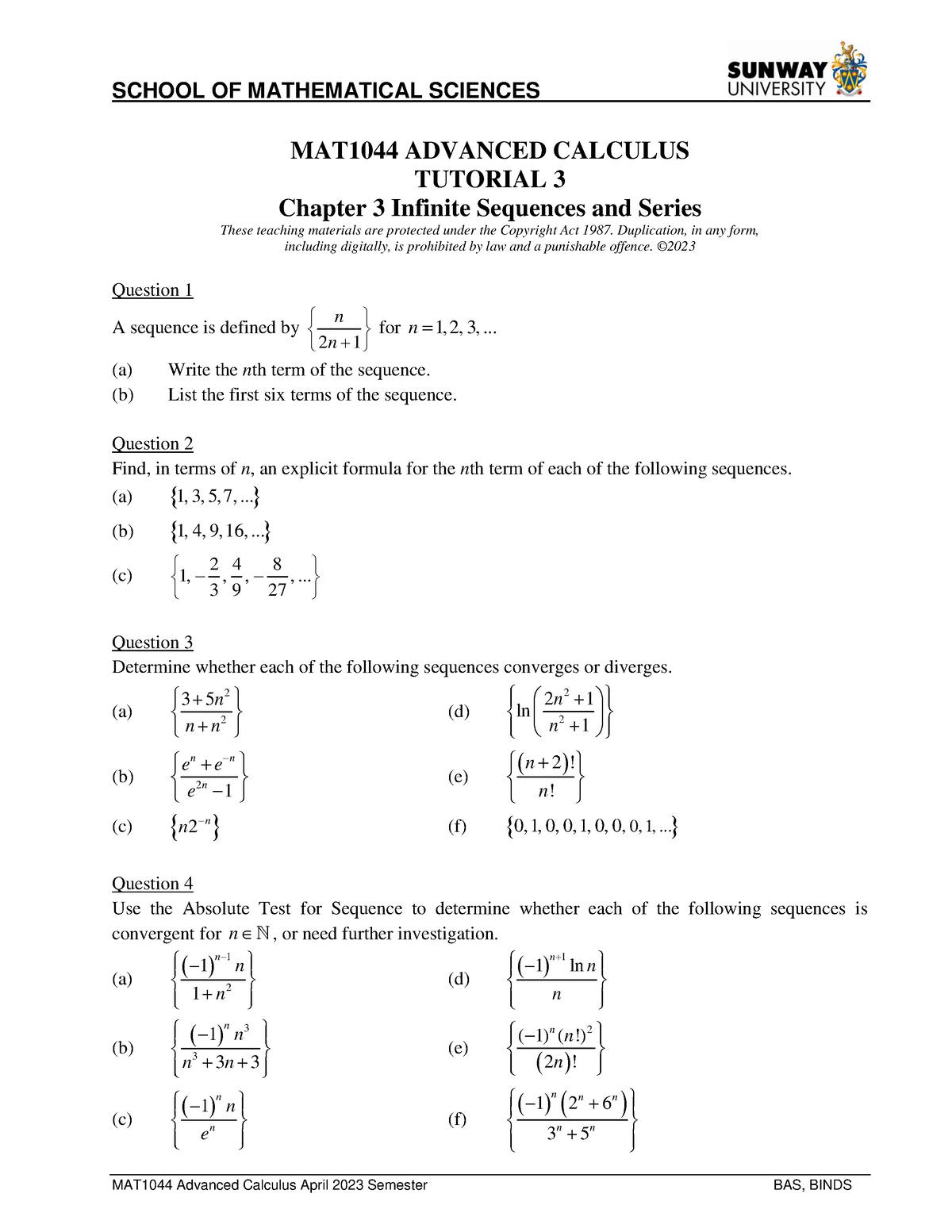 Tutorial 3 (Problem) MAT1044 Advanced Calculus - MAT1044 ADVANCED ...