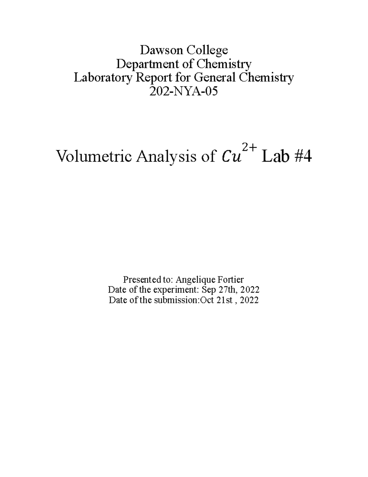 Volumetric analysis of Cu2+ lab4 Dawson College Department of