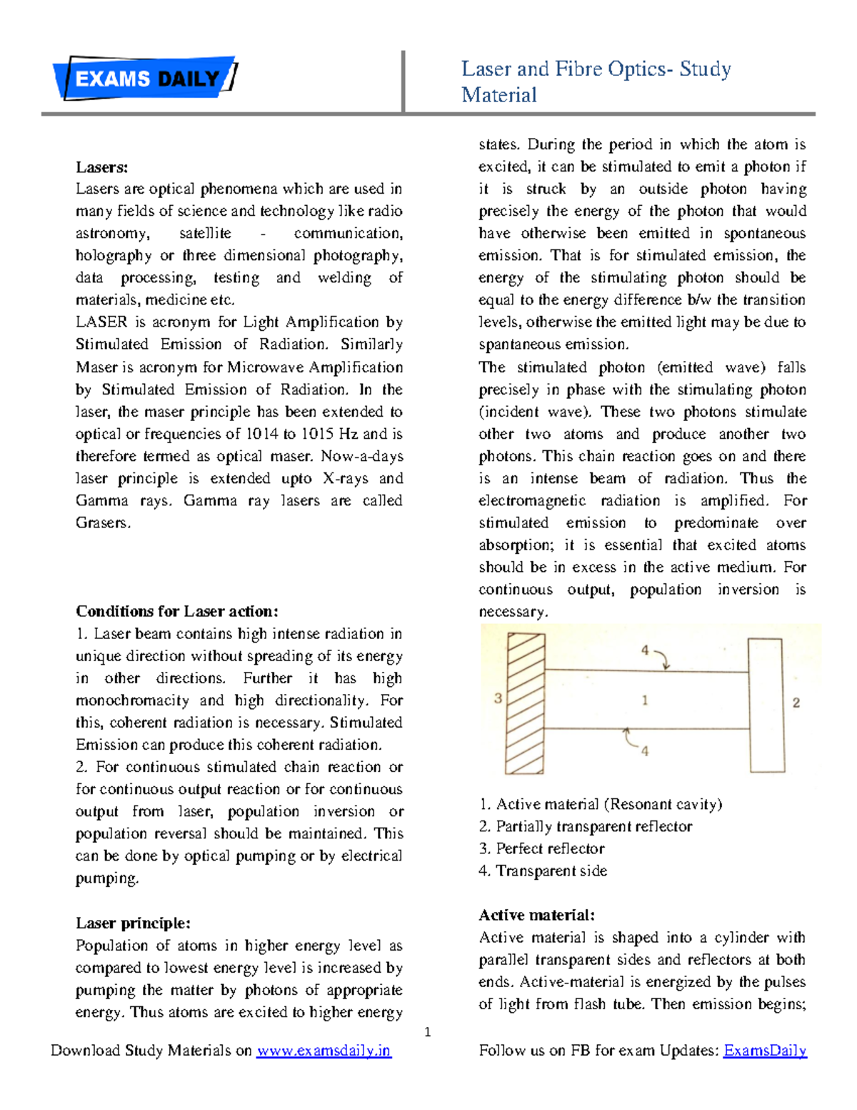 Laser and fibre optics study material - Material 1 Lasers: Lasers are ...