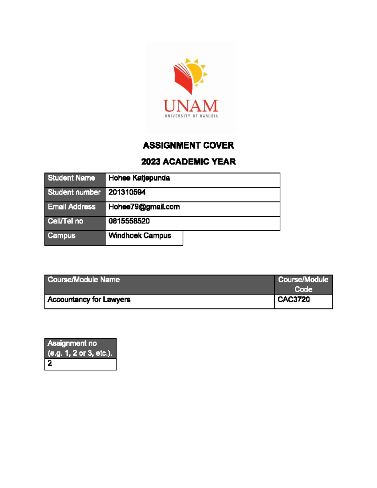 Accountancy for lawyers Assignment 2 - UNAM UNIVERSITY OF NAMIBIA ...