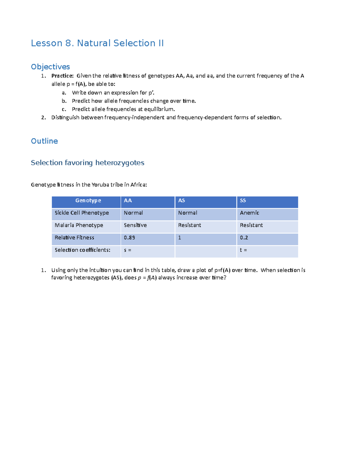 Lesson+8+Outline - Outline - Lesson 8. Natural Selection II Objectives ...