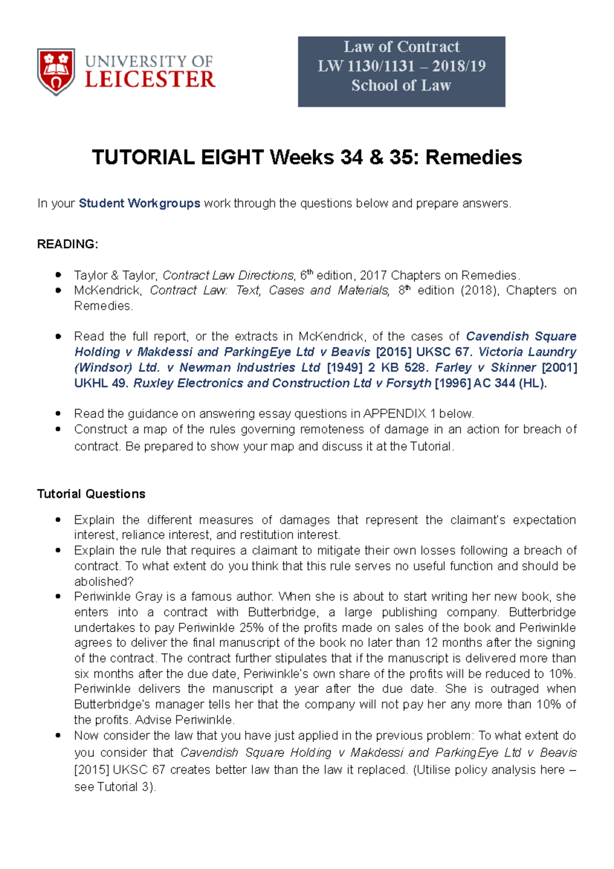 Tutorial 8 Remedies - Law Of Contract LW 1130/1131 – 2018/19 School Of ...