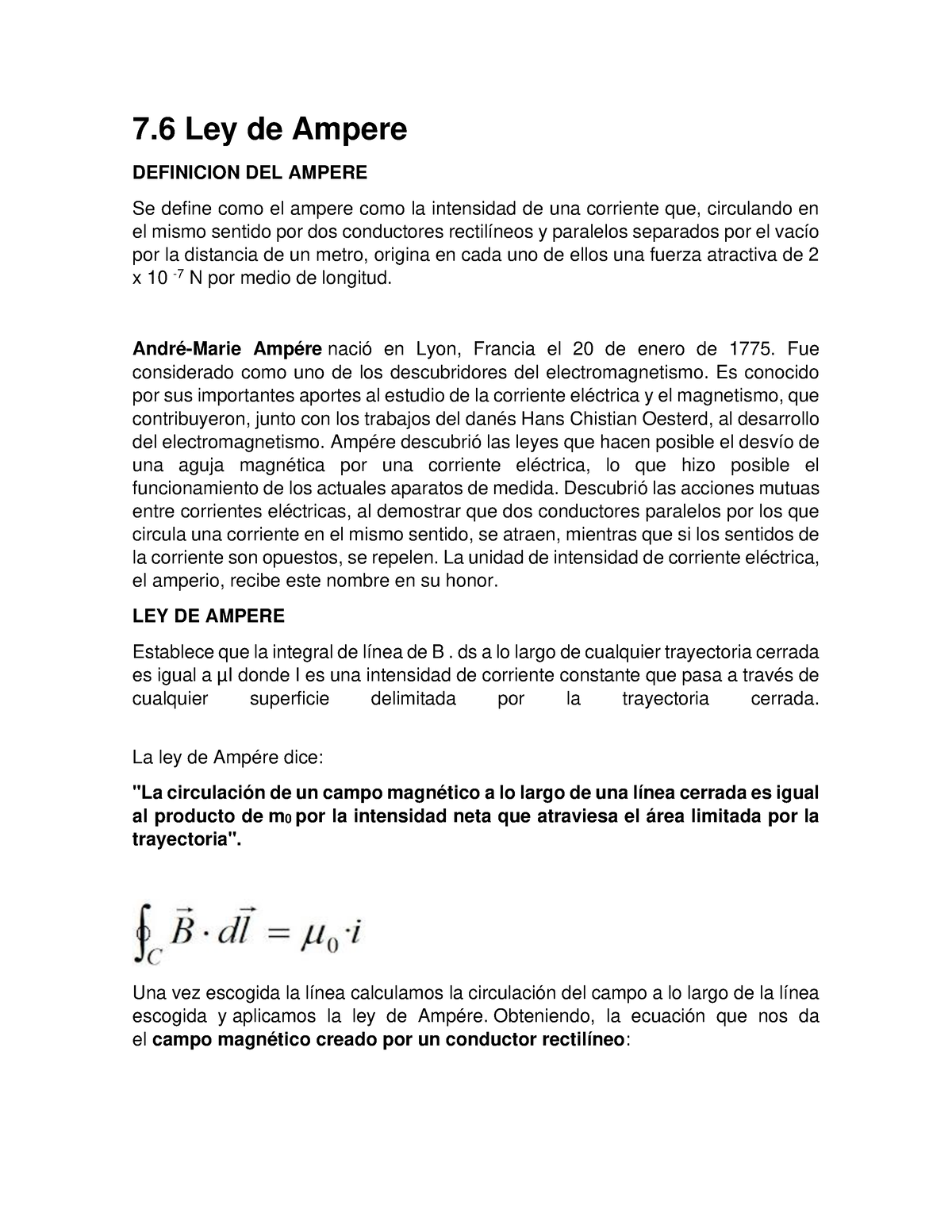 7.6 Ley De Ampere - 7 Ley De Ampere DEFINICION DEL AMPERE Se Define ...