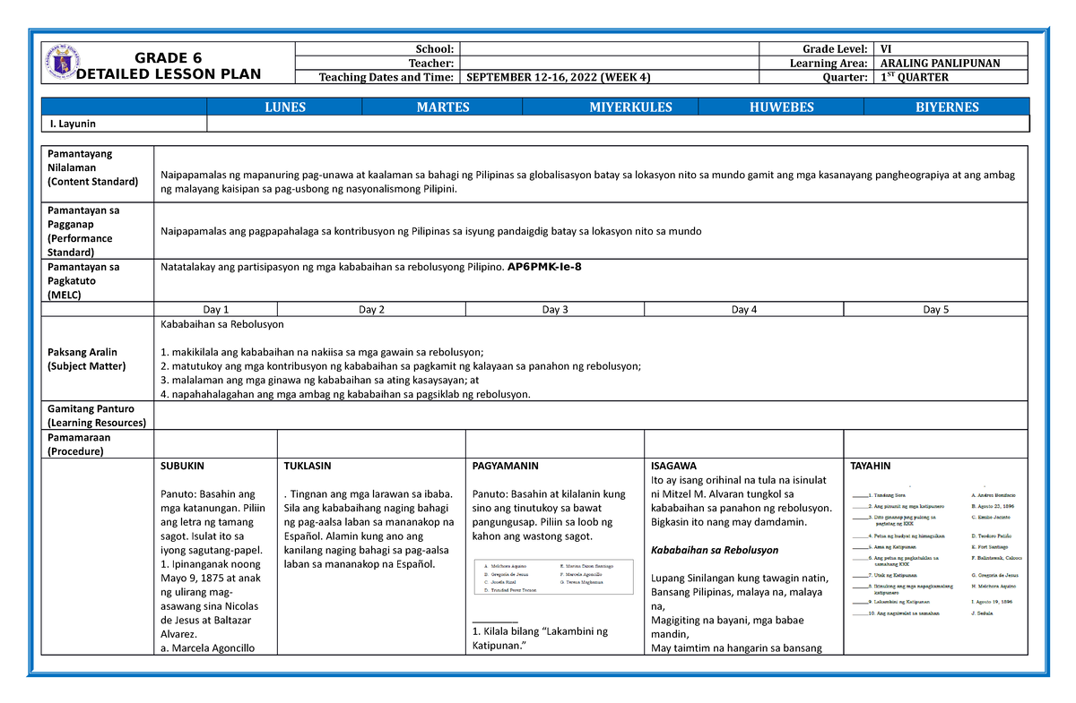 MELC Based Grade 6 DLL Quarter 1 WEEK 4 GRADE 6 DETAILED LESSON PLAN