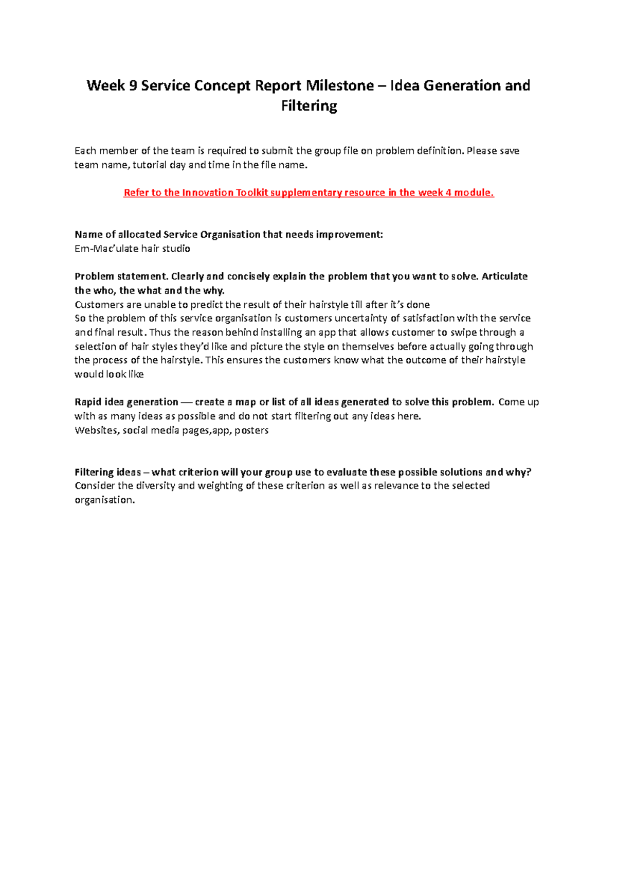 Week 9 Milestone Submission Template 2 - Week 9 Service Concept Report ...