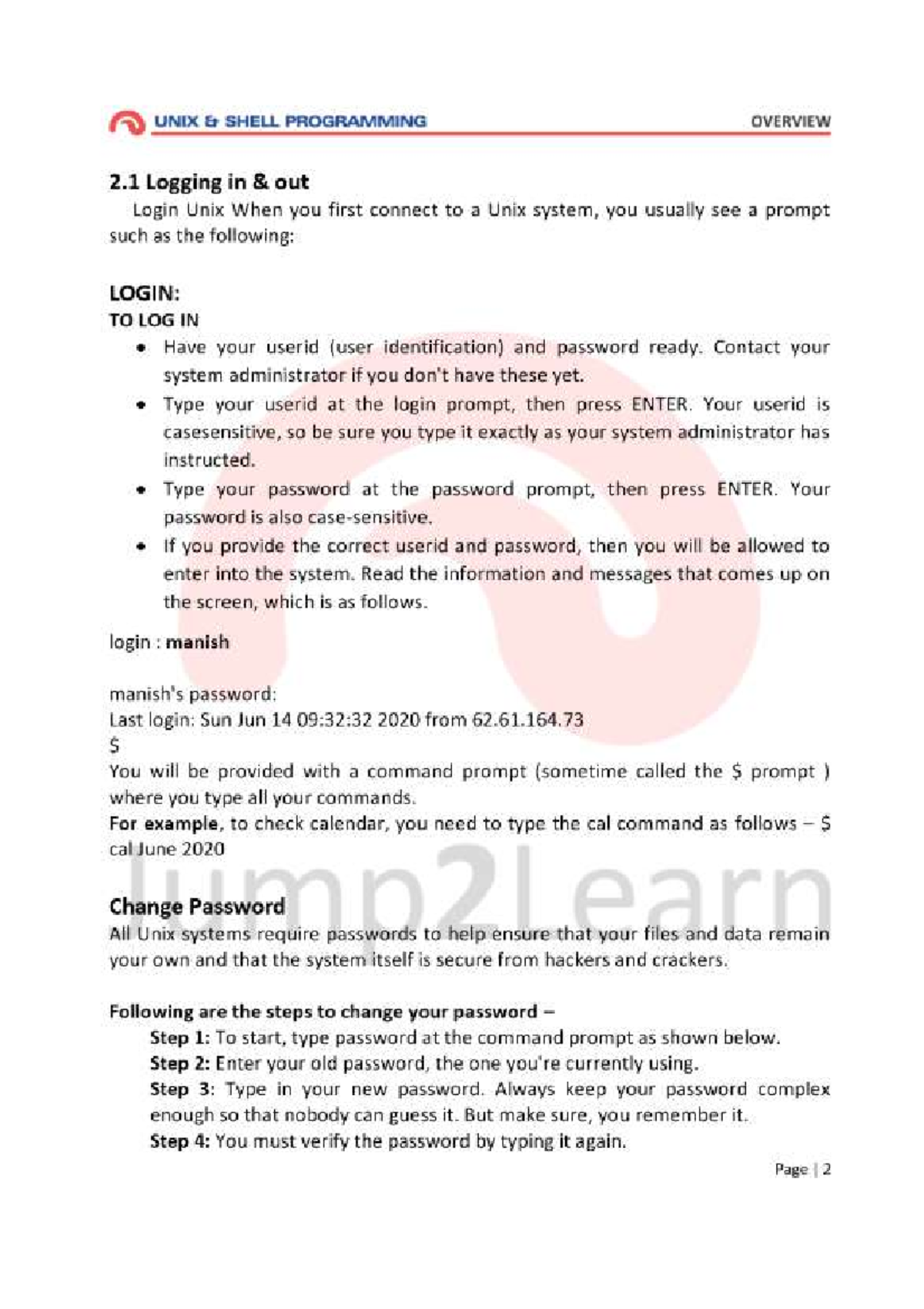 UNIX - 502 Unit-2 - UNIX SHELL PROGRAMMING OVERVIEW 2 Logging in out ...