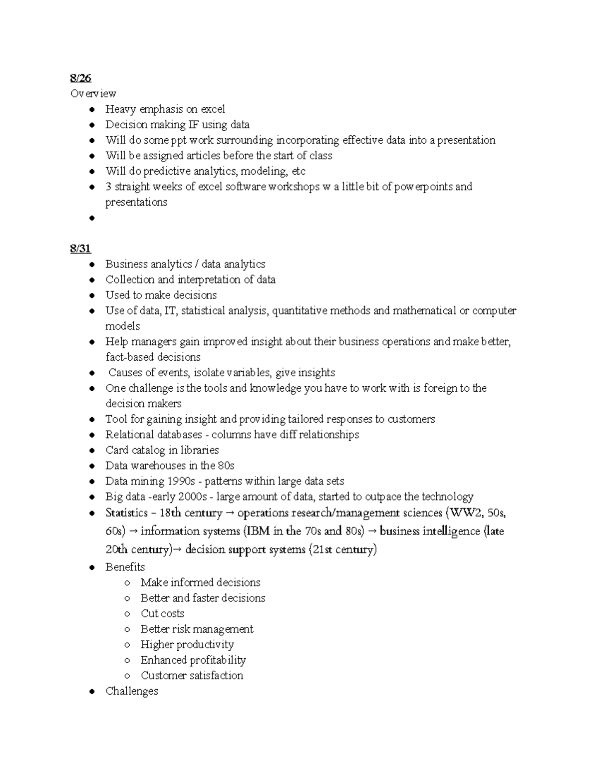 BUSA 2200 Class Notes - 8/ Overview Heavy emphasis on excel Decision ...