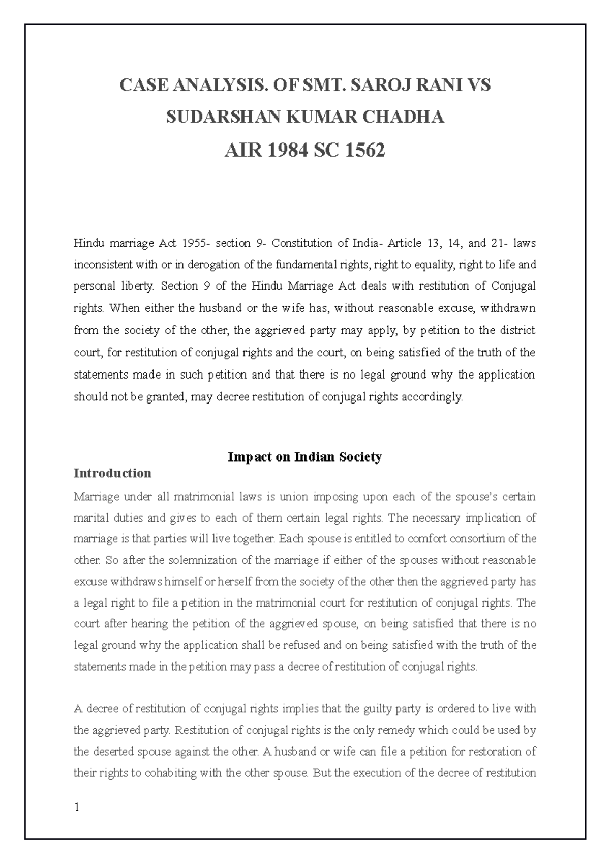 409 CASE Analysis - CASE ANALYSIS. OF SMT. SAROJ RANI VS SUDARSHAN ...