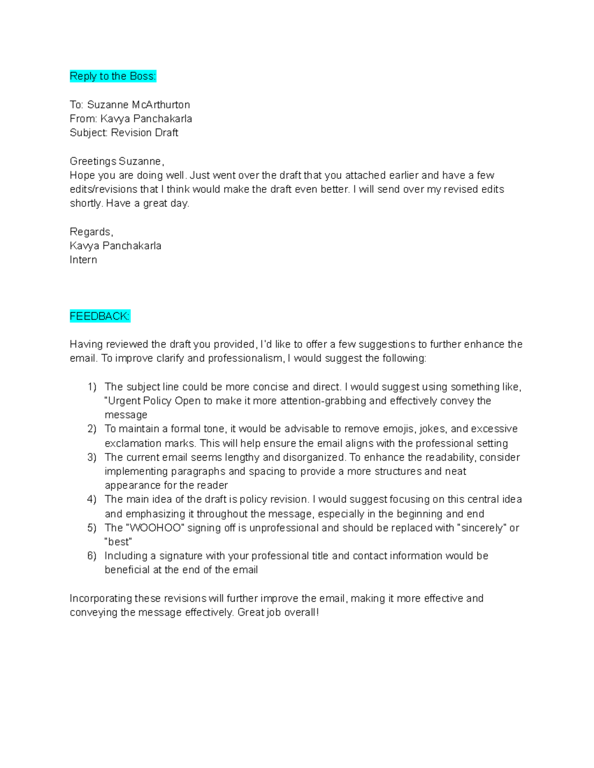 Email Feedback Assignment - Email - Reply to the Boss: To: Suzanne ...