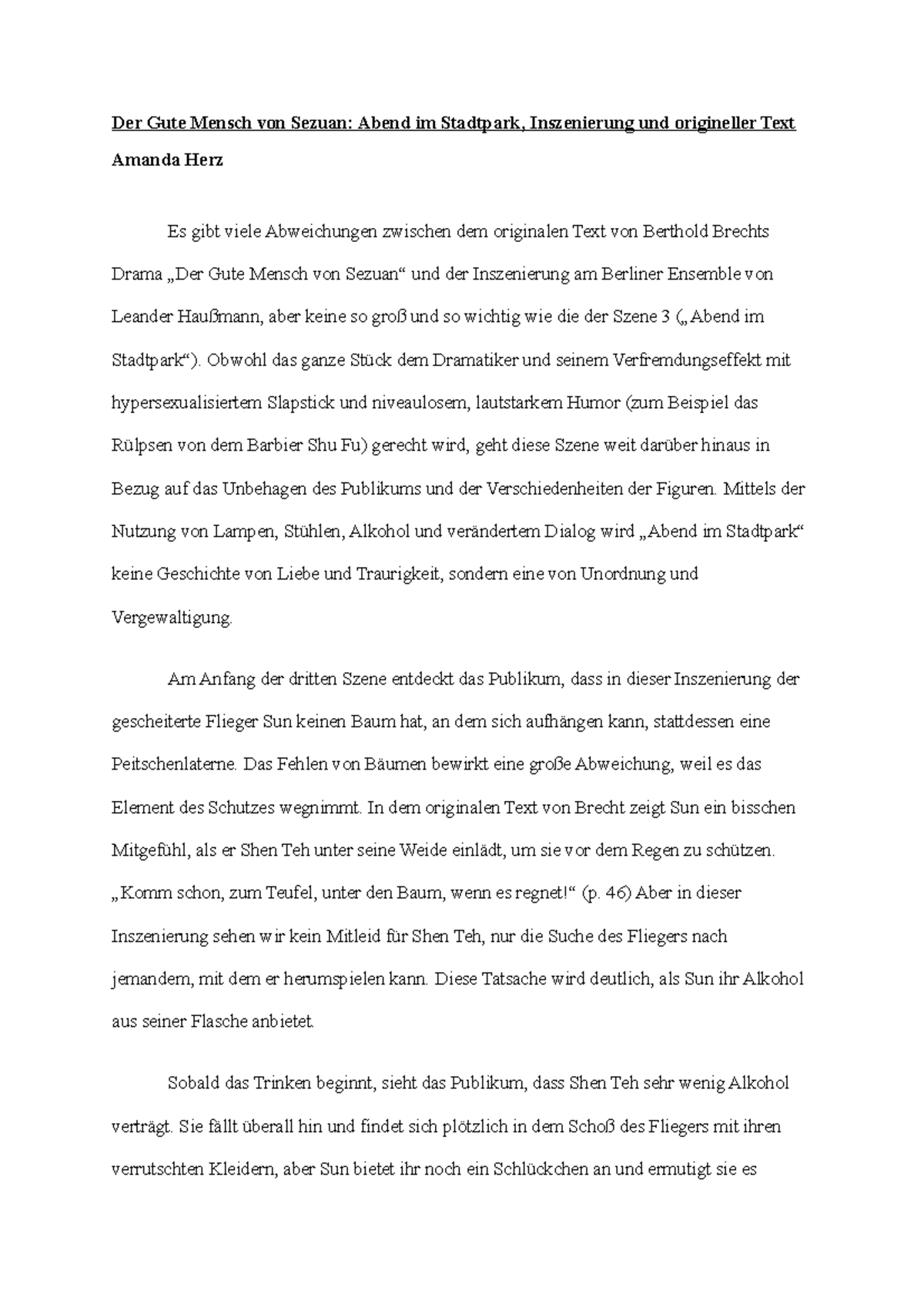 Der Gute Mensch Von Sezuan Szene 5 Analyse Der Gute Mensch von Sezuan - Abend im Stadtpark, Inszenierung und