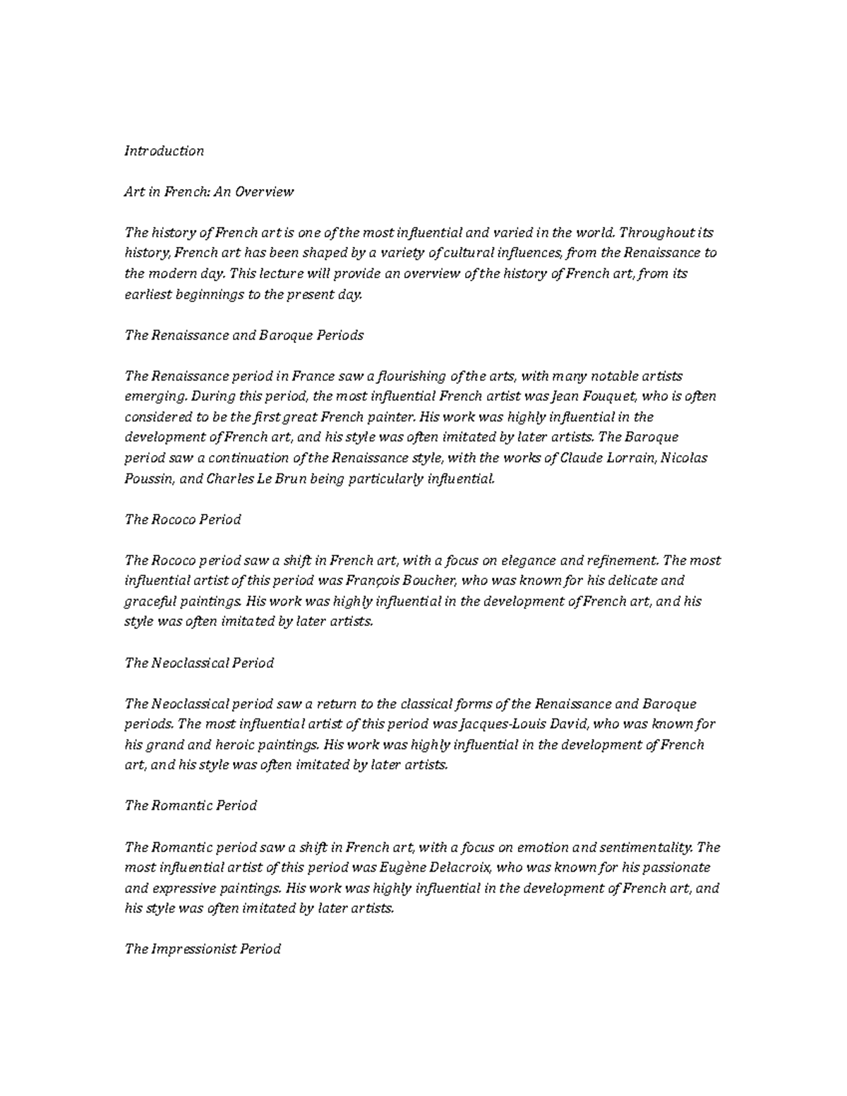 Art Notes de cours Art Introduction Art in French An Overview The history of French art is