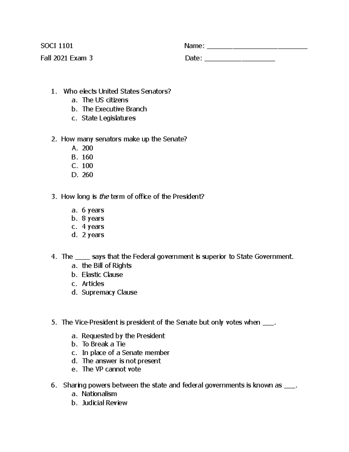 SOCI 1101 Exam 3 FALL 2021 - SOCI 1101 Name ...