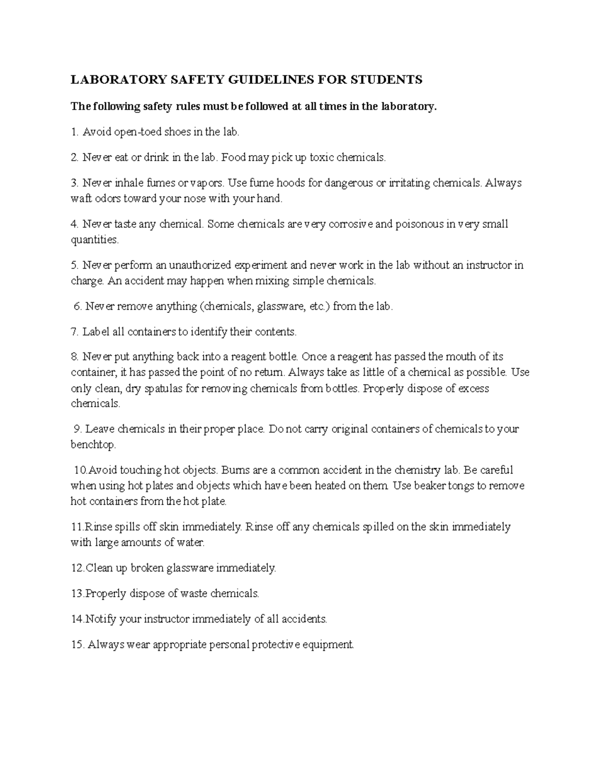 Laboratory Guidelines LABORATORY SAFETY GUIDELINES FOR STUDENTS The