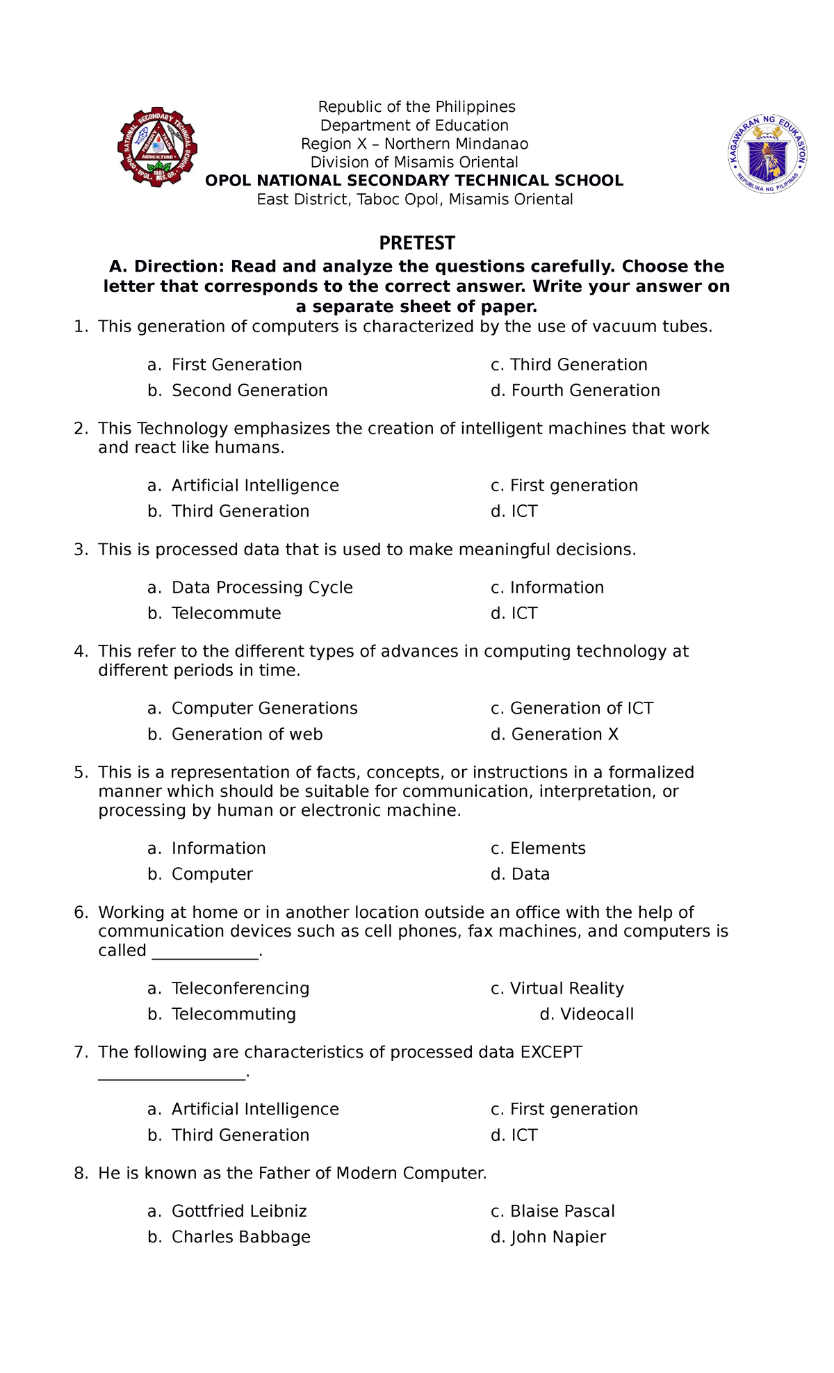 Comsci 7 Pretest - Republic of the Philippines Department of Education ...