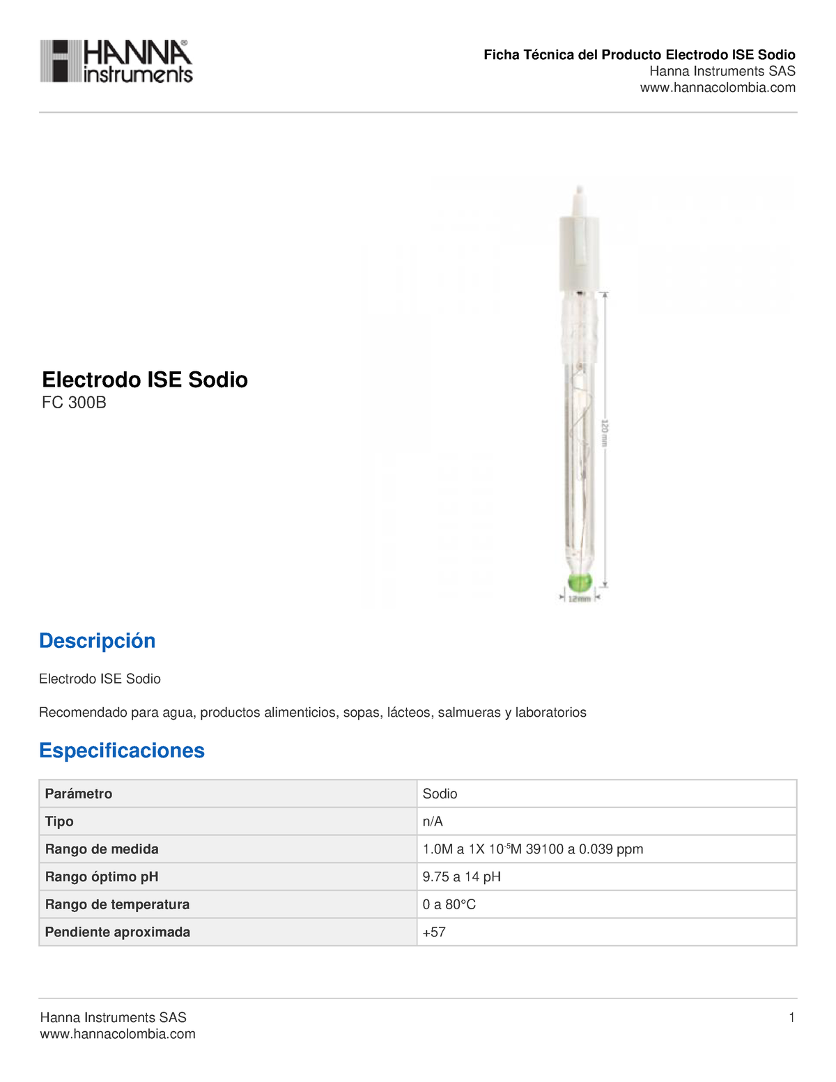 Ficha T Cnica Fc B Ficha T Cnica Del Producto Electrodo Ise Sodio Hanna Instruments Sas