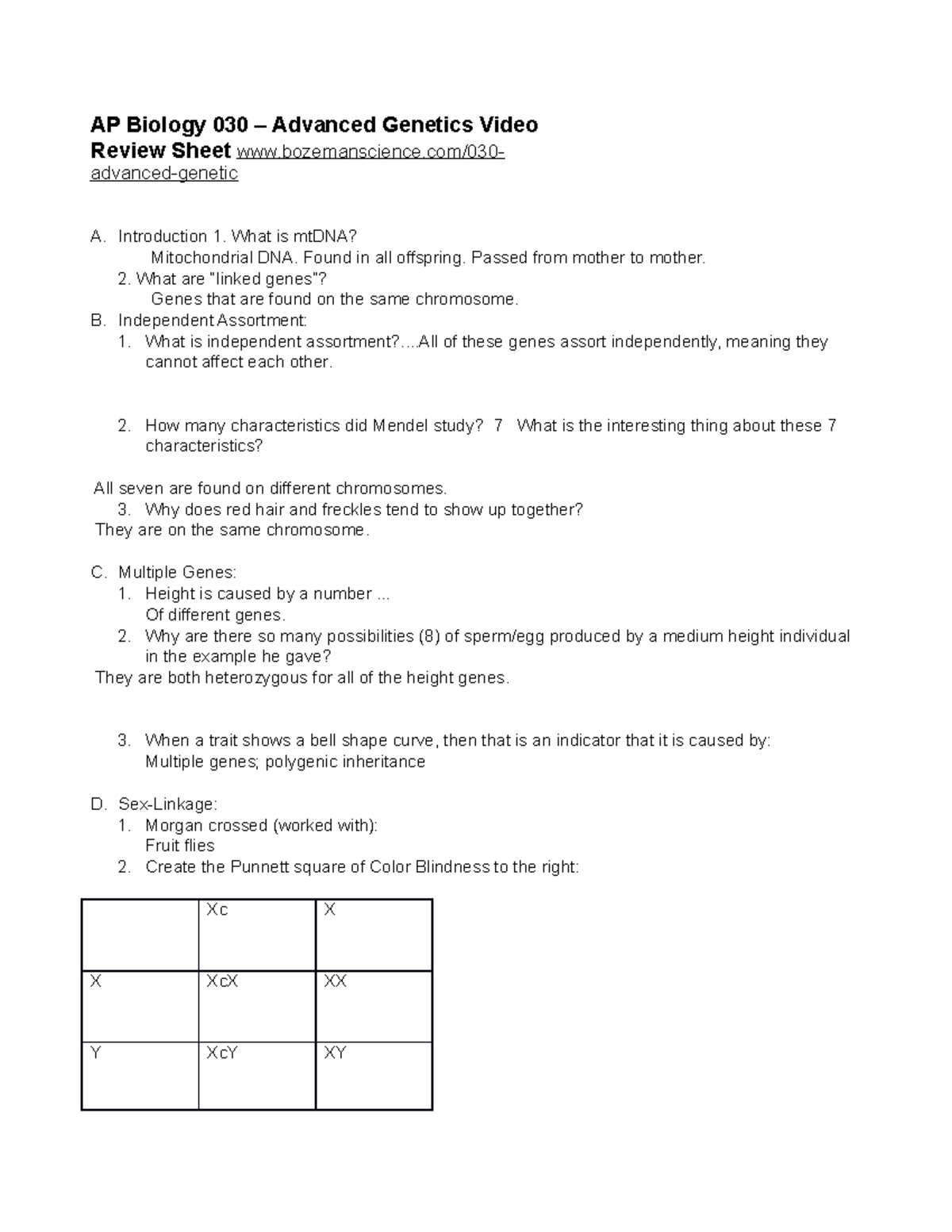 Advanced Genetics Worksheet - AP Biology 030 – Advanced Genetics Video ...