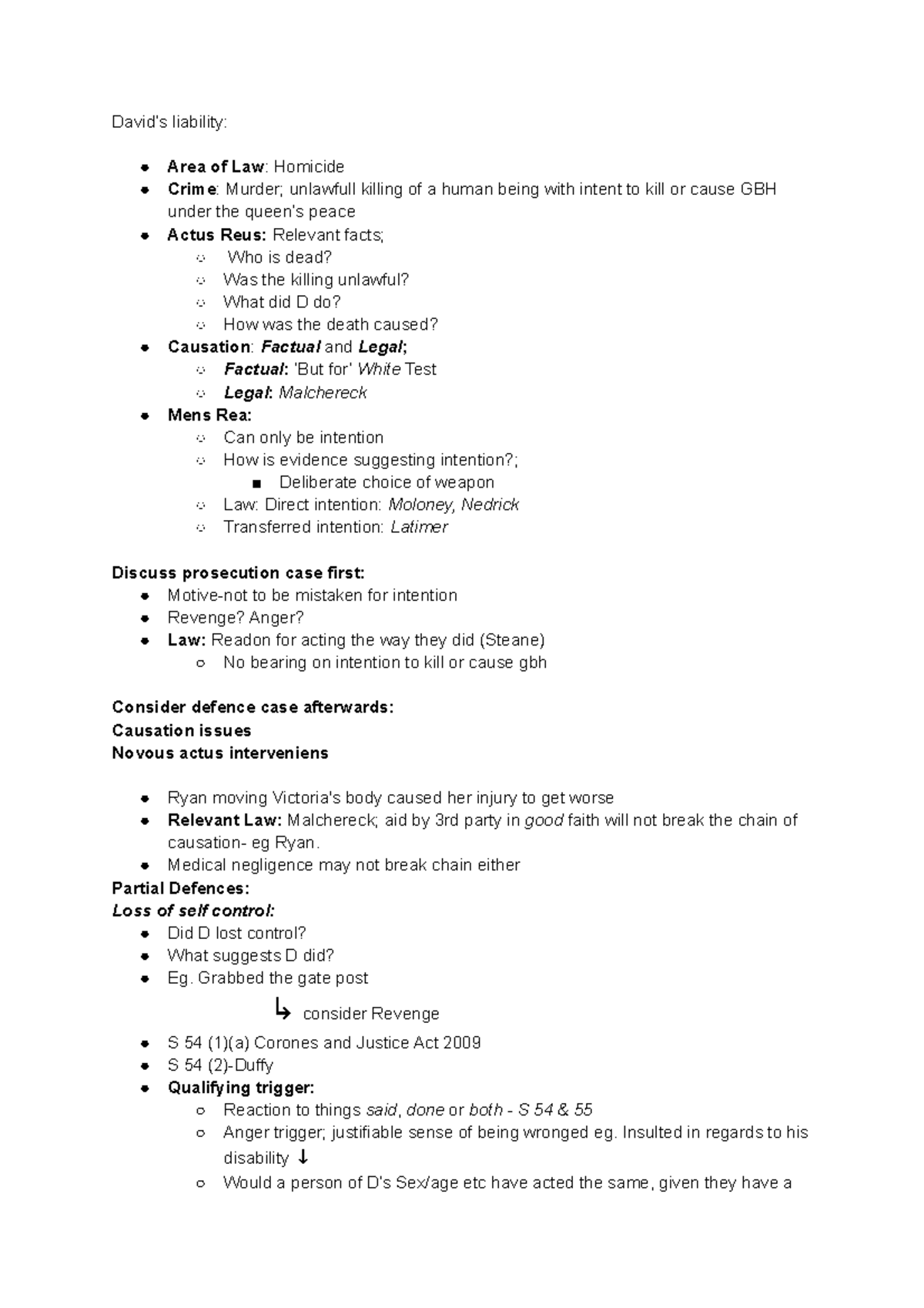 Criminal Law 1 revision - David’s liability: Area of Law: Homicide ...