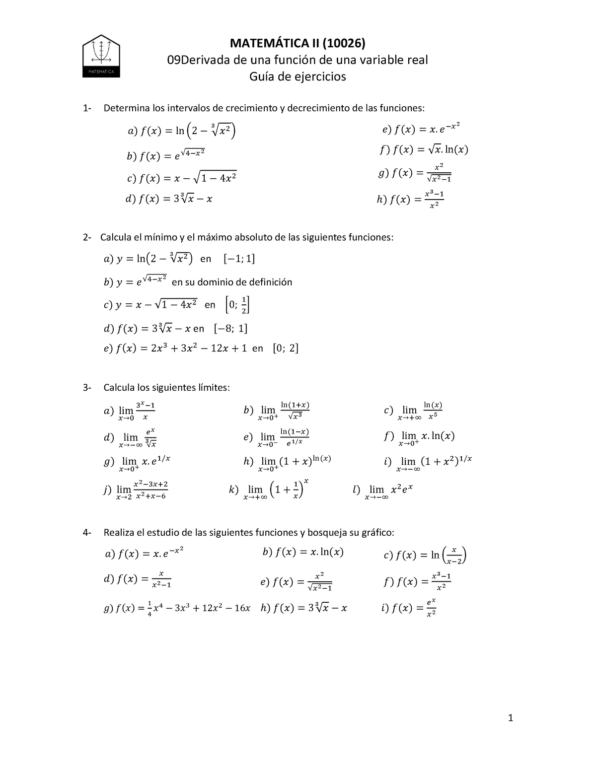 Derivadas Matematica 2 Ejercitacion - MATEMÁTICA II (10026) 09Derivada ...