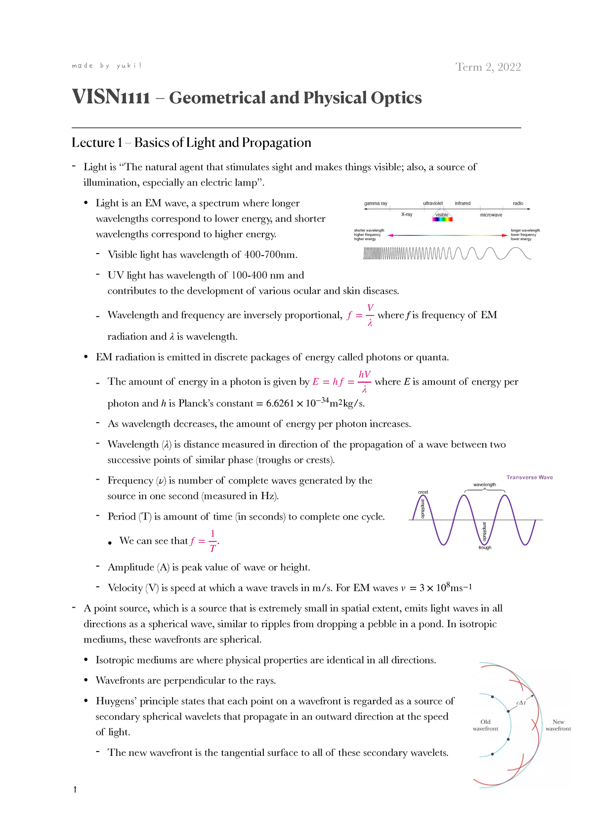 VISN1111 Notes FULL - VISN1111 – Geometrical And Physical Optics ...