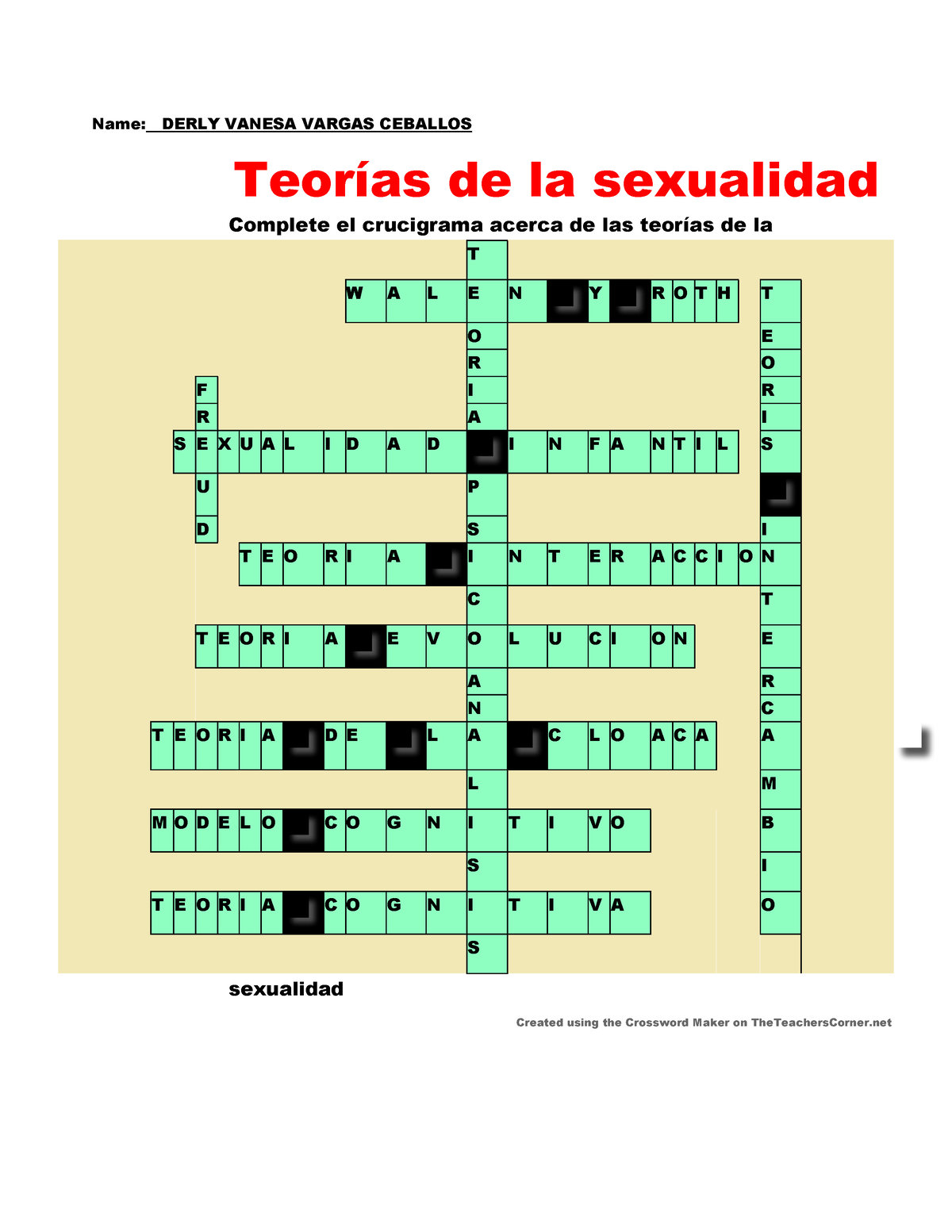 Crucigrama Teorias De La Sexualidad Name Derly Vanesa Vargas Ceballos Teorías De La 1264