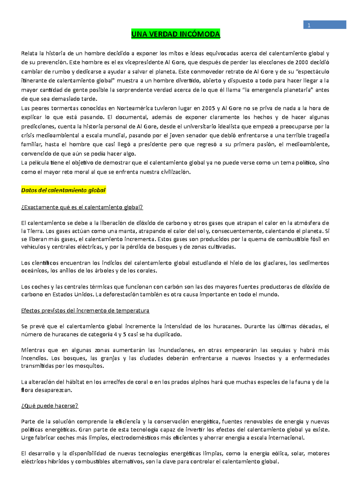 Una Verdad Incomoda Datos Del Calentamiento Global Est De La Studocu